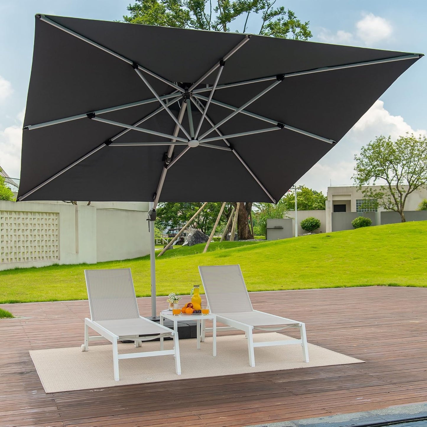 PURPLE LEAF 9' X 12' Double Top Deluxe Solar Powered LED Rectangle Patio Umbrella Offset Hanging Umbrella Outdoor Market Umbrella Garden Umbrella, Grey