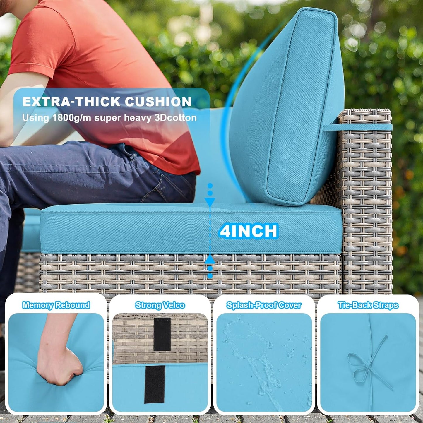 17-Piece Patio Furniture Set, Outdoor Patio Furniture with Swivel Chairs Set, Thick Cushions, Modular Patio Sofa, Dual-Strand Wicker Rattan, Rust-Resistant Frame, Lake Blue