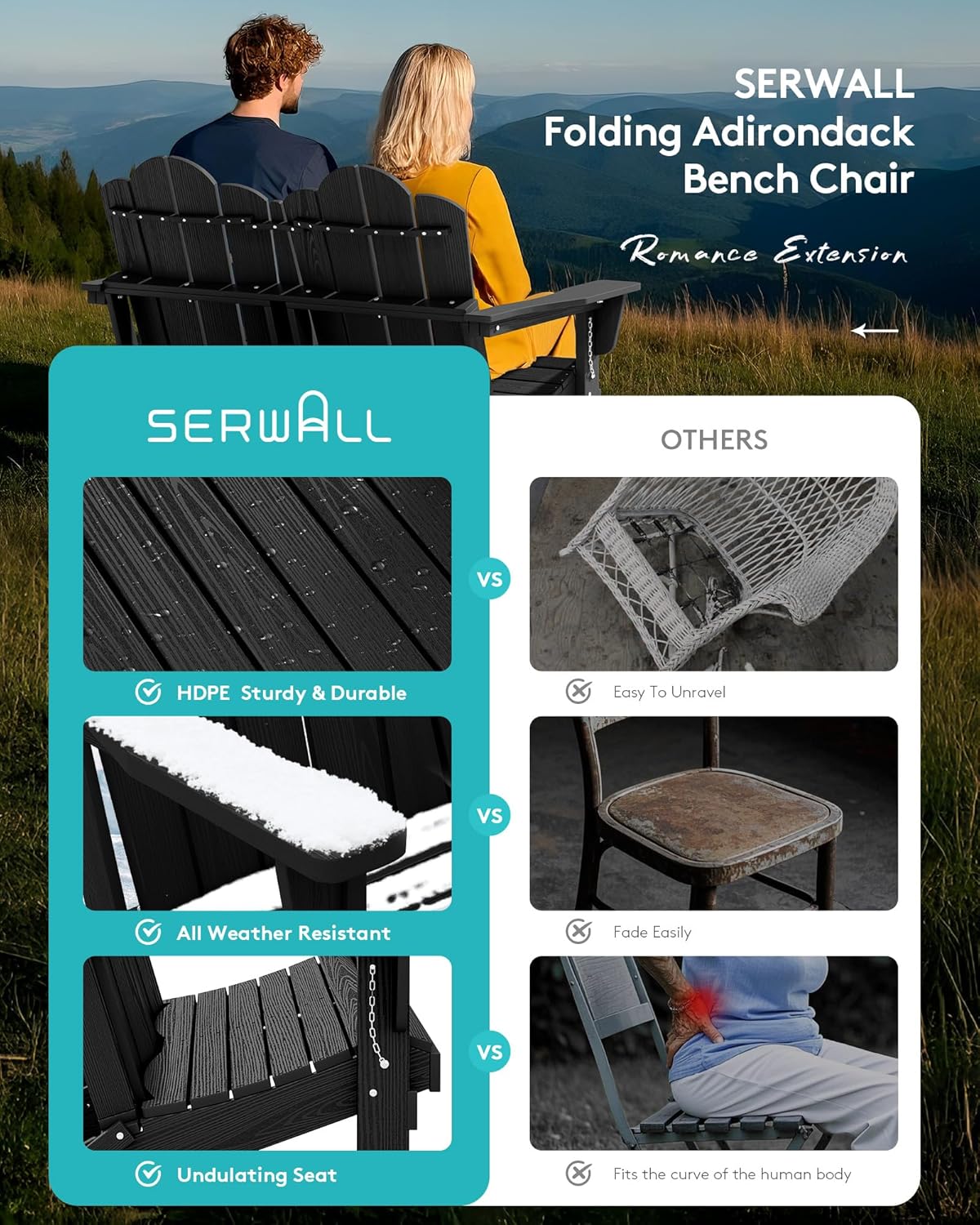 SERWALL Folding Adirondack Bench, HDPE All-Weather Adirondack Loveseat, 660 lbs Capacity, Foldable Outdoor Patio Bench for Deck, Lawn, Garden, Black