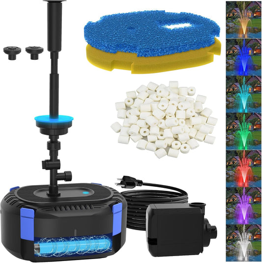AquaMiracle All-in-1 Pond Fountain Kit 850GPH with 3-Spray Patterns Pond Filters System for Outdoor Ponds with Auto-Color LED & U - V Light to Clean Green Water Fountain Pump for 500-750 Gallon Ponds