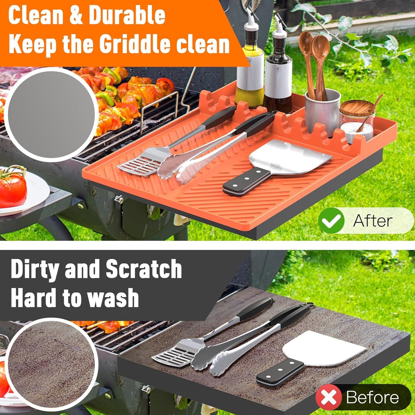 Silicone Grill Mat Compatible with Blackstone, Silicone Griddle Tools Mat with Drip Pad, Spatula Mat for Outdoor Grill Kitchen Counter (Orange)