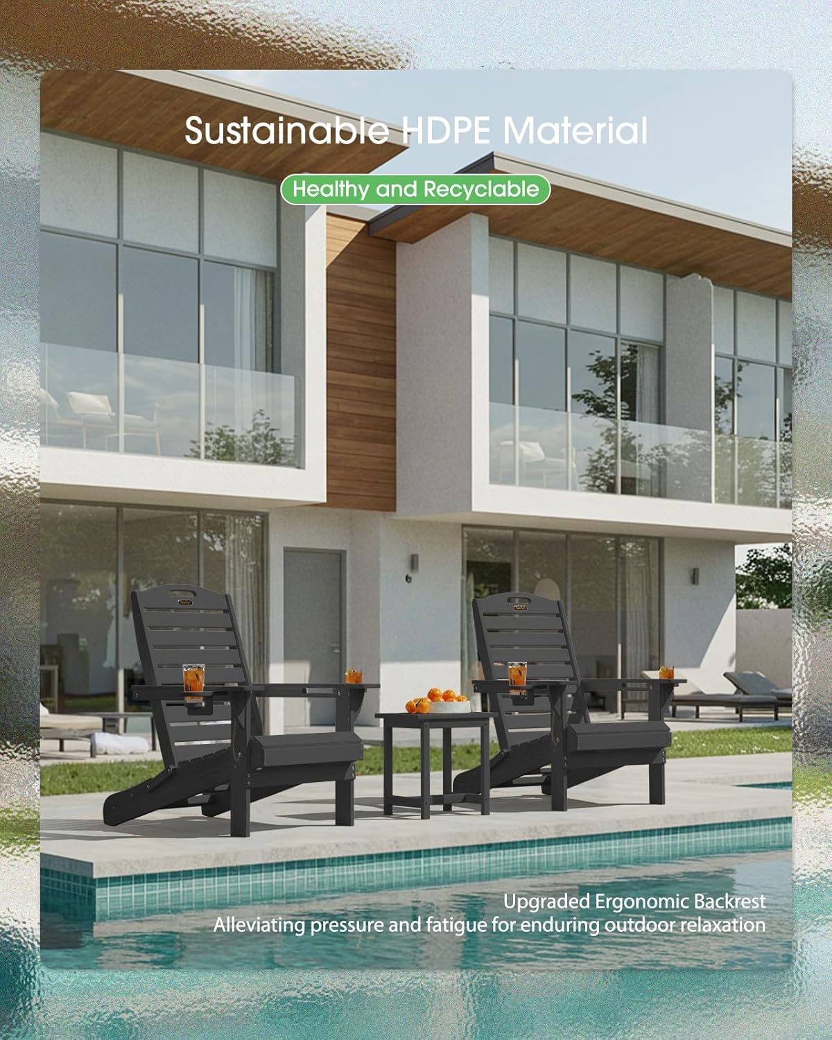 Folding Adirondack Chair HDPE All-Weather Adirondack Chairs with Cup Holder, Outdoor Fire Pit Chairs Lawn Chair for Deck Patio Garden (Black)