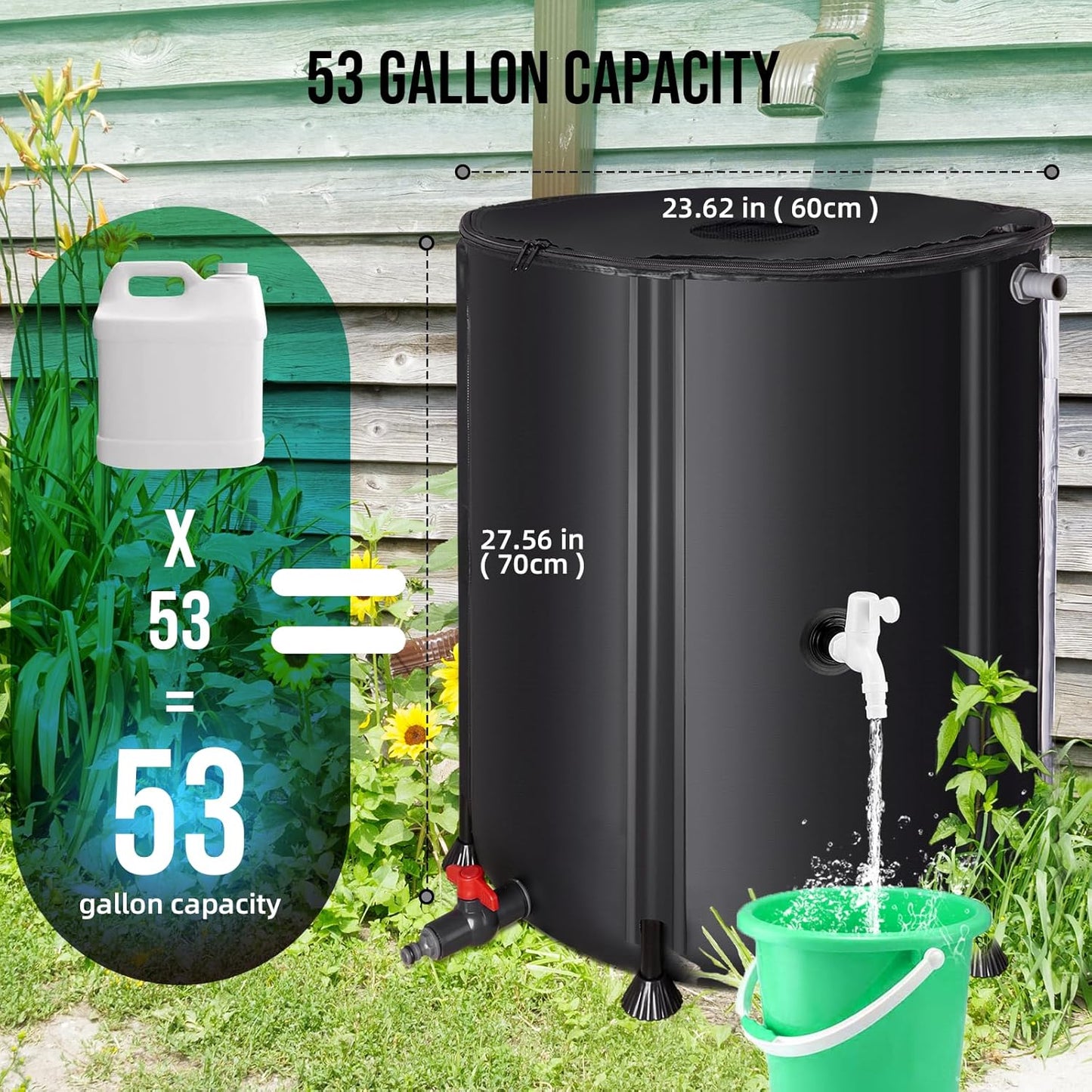 Collapsible Rain Barrel Water Collection System - 53 Gallon Portable Water Storage Tank,Foldable Rainwater Collect System Downspout, Water Catcher Container with Filter, Spigots＆Overflow Kit,Black
