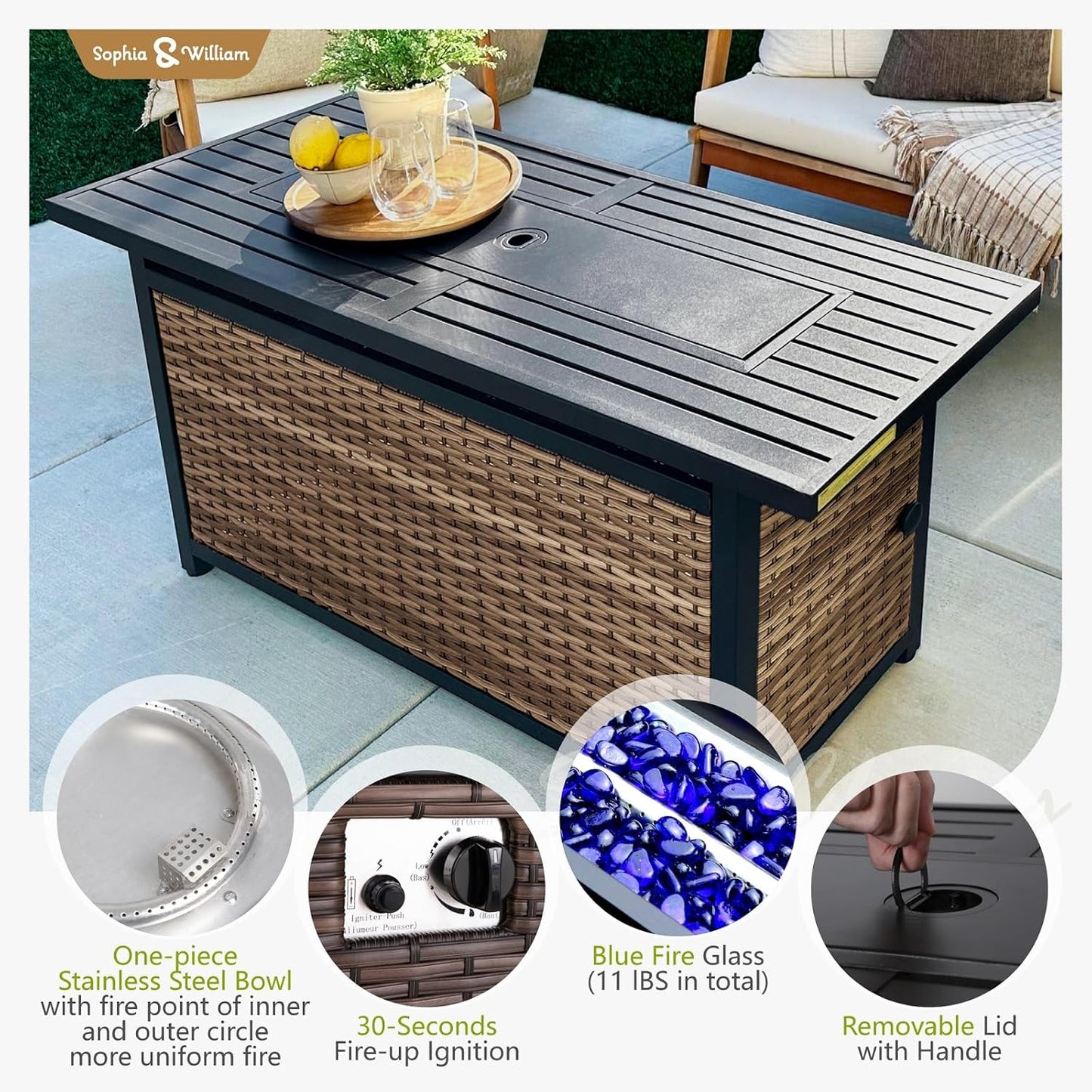 Sophia & William Patio Furniture Set with Fire Pit Table, 9 Piece Half Moon Outdoor Wicker Sectional Sofa Set, Rattan Conversation Set with 56-Inch Fire Pit Table for Backyard, Deck, Pool(Beige)