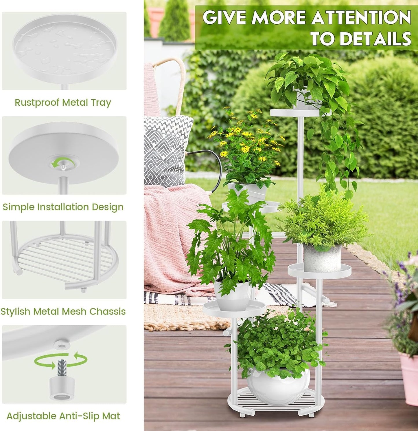 TOSKING 5 Tier Metal Plant Stand Indoor, Plant Shelf, Corner Shelf Flower Pot Stand for Outdoor Plant Stand for Living Room Balcony Garden Patio Bedroom (White, 38in)