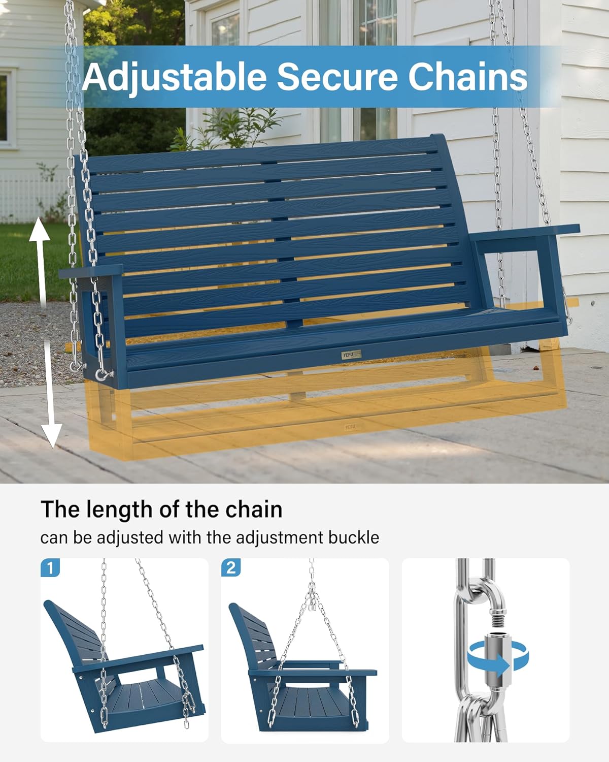 YEFU Hanging Porch Swing Outdoor,2-Seat Patio Swing Bench,All-Weather Swing Chair with Hanging Chains,Look Like Real Wood,for Garden and Courtyard,660LBS Weight Capacity,4FT,Navy Blue