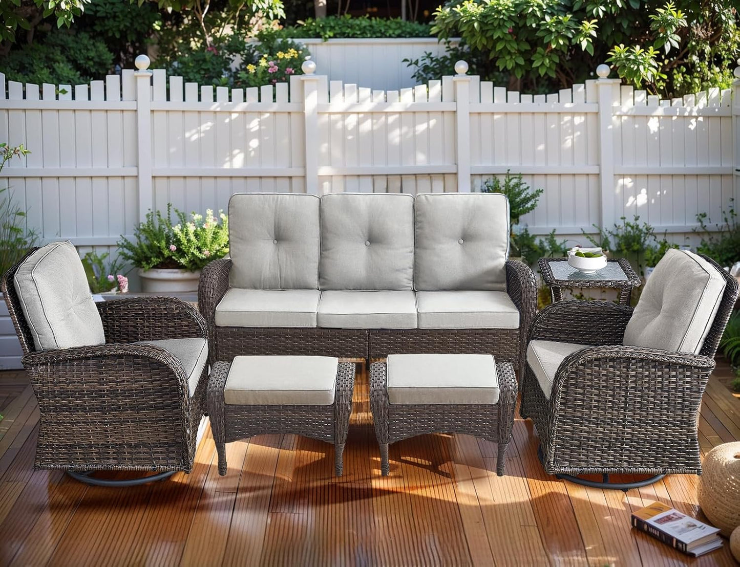 HUMMUH 6-Piece Patio Furniture PE Wicker Outdoor Conversation Set,All-Weather Rattan Swivel Rocker Chairs Outdoor Couch Ottomans for Backyard,Poolside,Deck