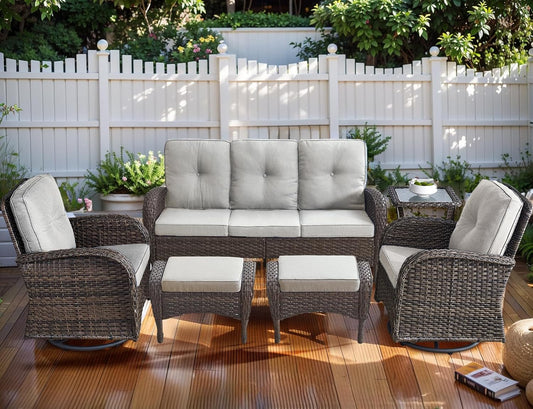 HUMMUH 6-Piece Patio Furniture PE Wicker Outdoor Conversation Set,All-Weather Rattan Swivel Rocker Chairs Outdoor Couch Ottomans for Backyard,Poolside,Deck