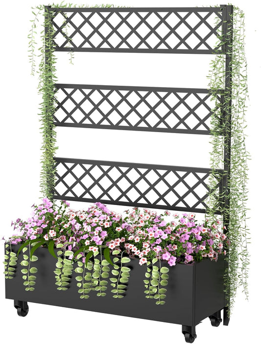 Metal Planter Box with Trellis Privacy Screen, 67"x35"x16" Raised Garden Bed with Trellis, Privacy Planter Boxes, with Planting Bag & Lockable Casters for Climbing Plants,Vegetables,and Vines