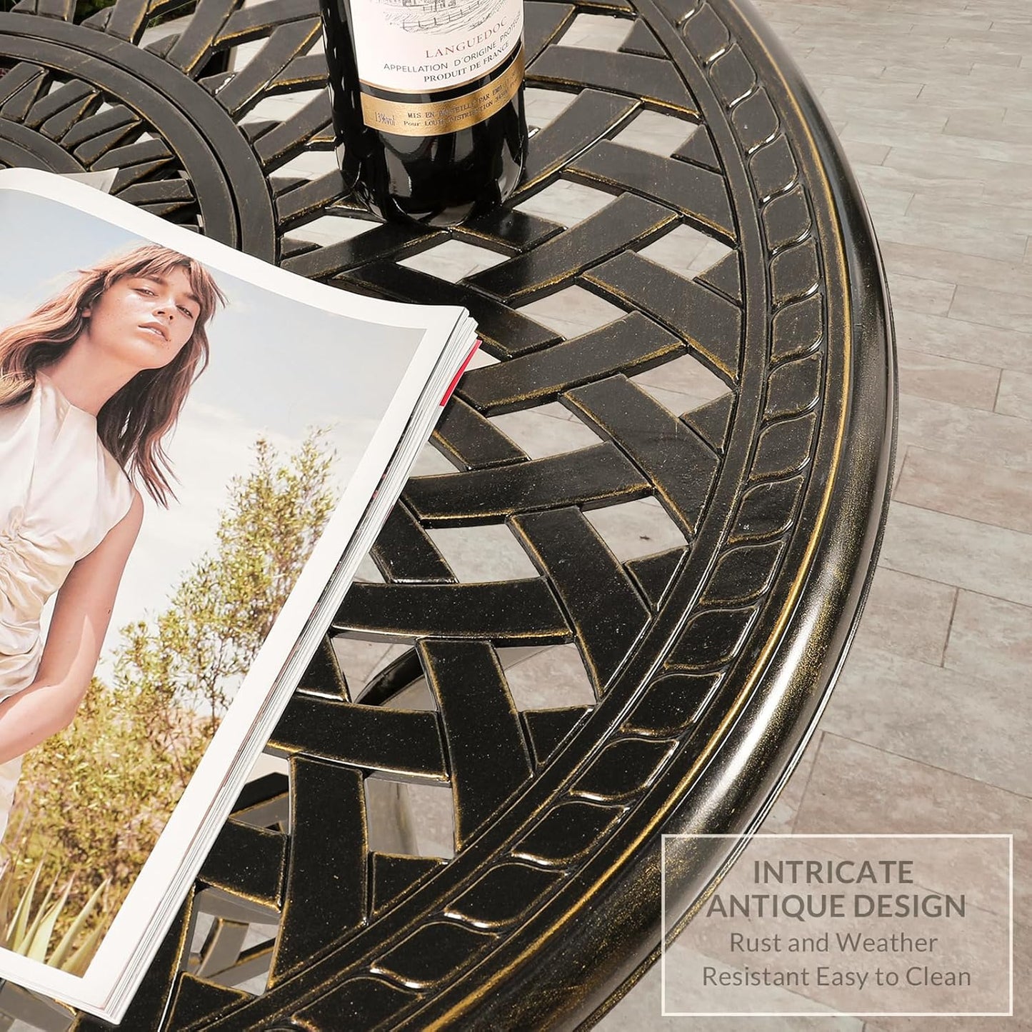 VIVIJASON 3-Piece Outdoor Patio Bistro Set, All-Weather Cast Aluminum Furniture Dining Sets Include 2 Cushioned Chairs and 31" Round Table w/Umbrella Hole for Balcony, Backyard, Navy Blue Cushion