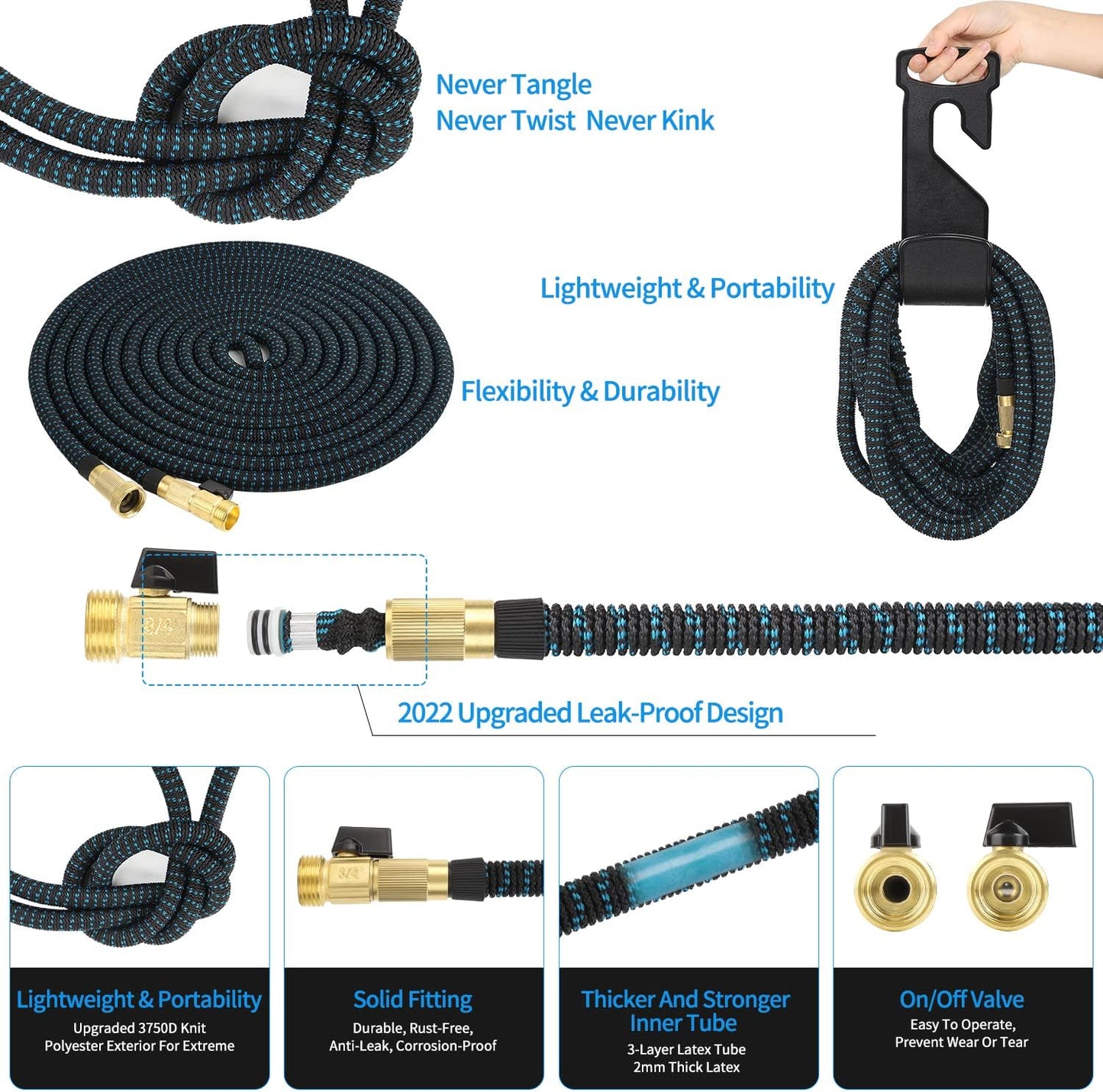 200ft Expandable Garden Hose w/10 Function Nozzle Sprayer, Lightweight Flexible Water Hose with Durable Collapsible Latex Core & Solid Brass Fittings, 200ft Retractable Stretch Hose(Black Blue)