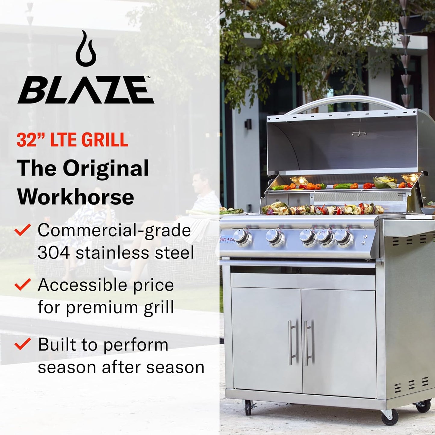 Blaze Outdoor Grill | 32-inch Stainless Steel Natural Gas BBQ Grill | 4 Burner Barbecue | Premium Outdoor Kitchen Grilling | Rear Infrared Burner & Grill Lights | BLZ-4LTE2-NG