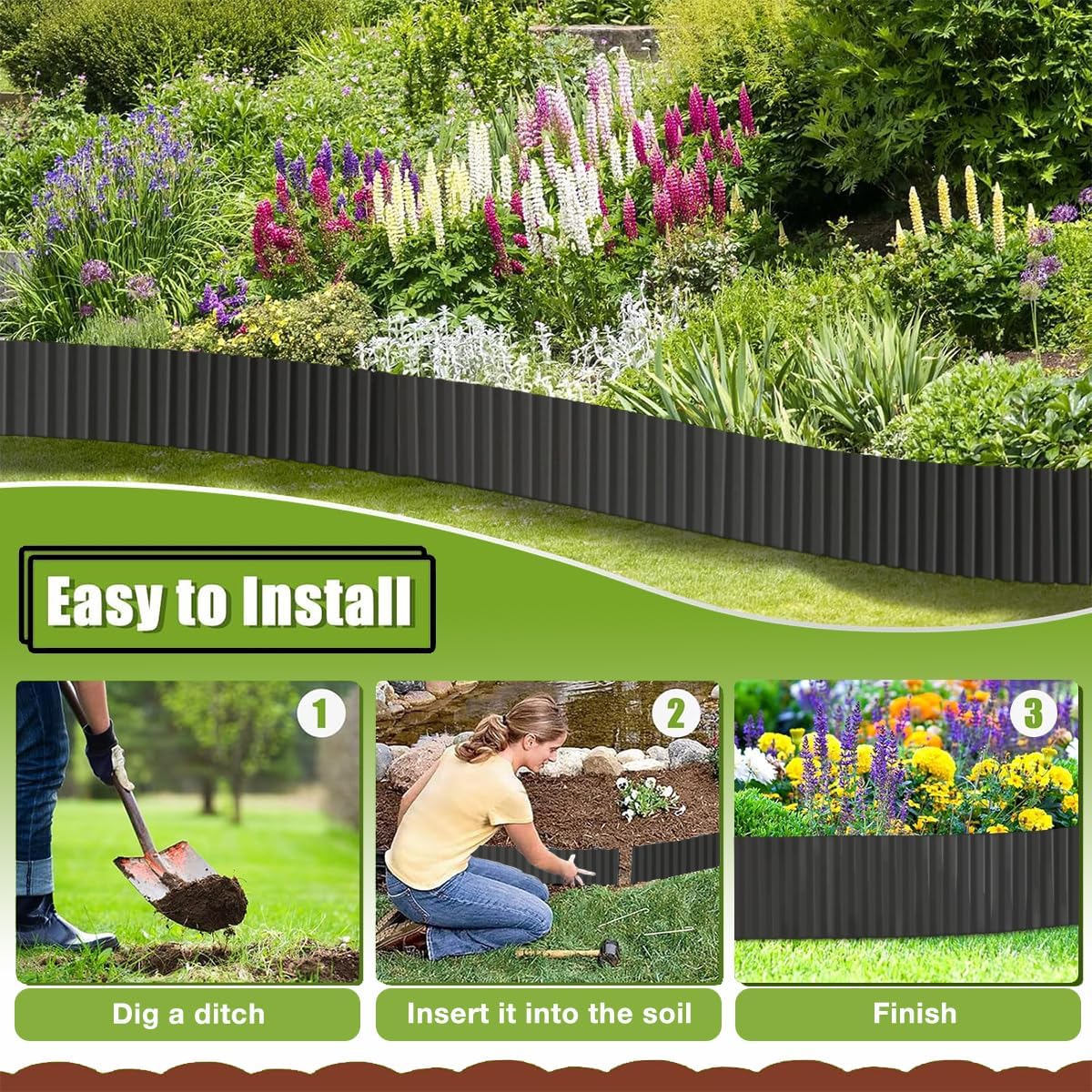 Landscape Edging Border 6inch x 40ft- Corrugated Metal Garden Edging - Lawn Edging Borders - Galvanized Edging Long Strips Yard Border for DIY Flower Beds, Plants, Walkways-Black