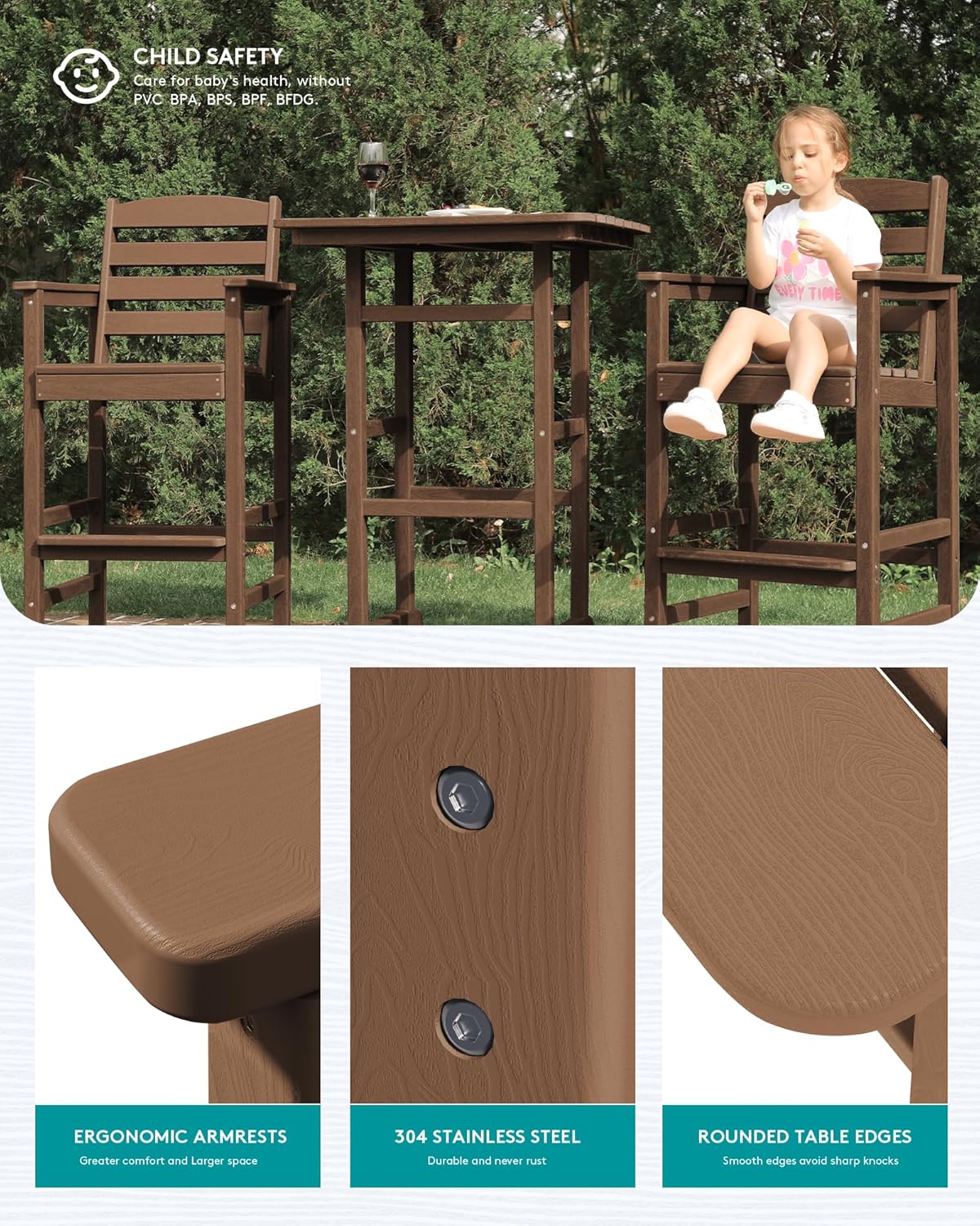 SERWALL Balcony Adirondack Chairs and Table 3 Pieces Set, Adirondack Bar Height Chairs Set of 2 and Bar Table, Outdoor Bar Stools Set for Bistro, Poolside, Backyard, Brown