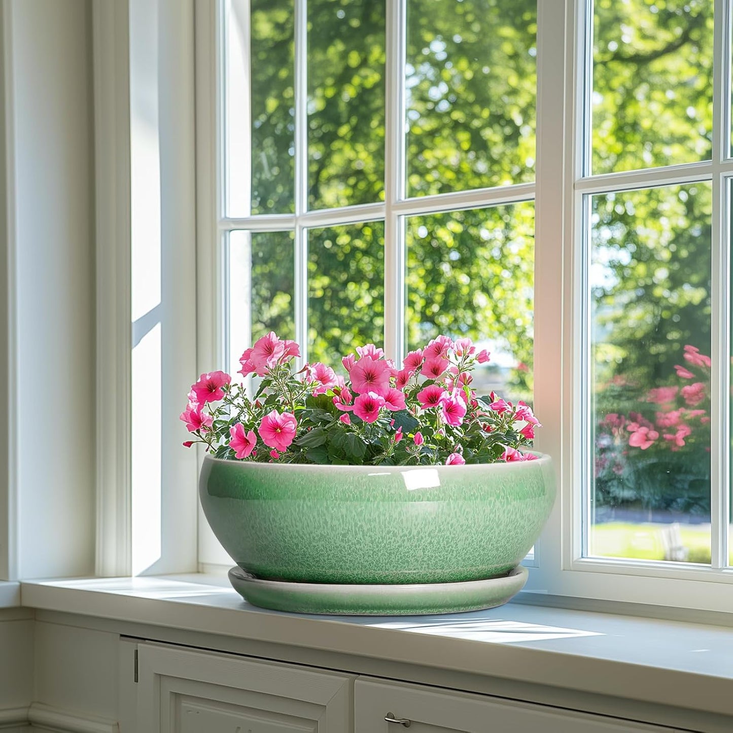 SQOWL Succulent Planter 12 Inch - Ceramic Bonsai Pots with Drainage Hole and Saucer, Large Shallow Planter, Bowl Round Planter for Indoor Outdoor Plants Flower, Room Decor, Birthday Gifts, Green