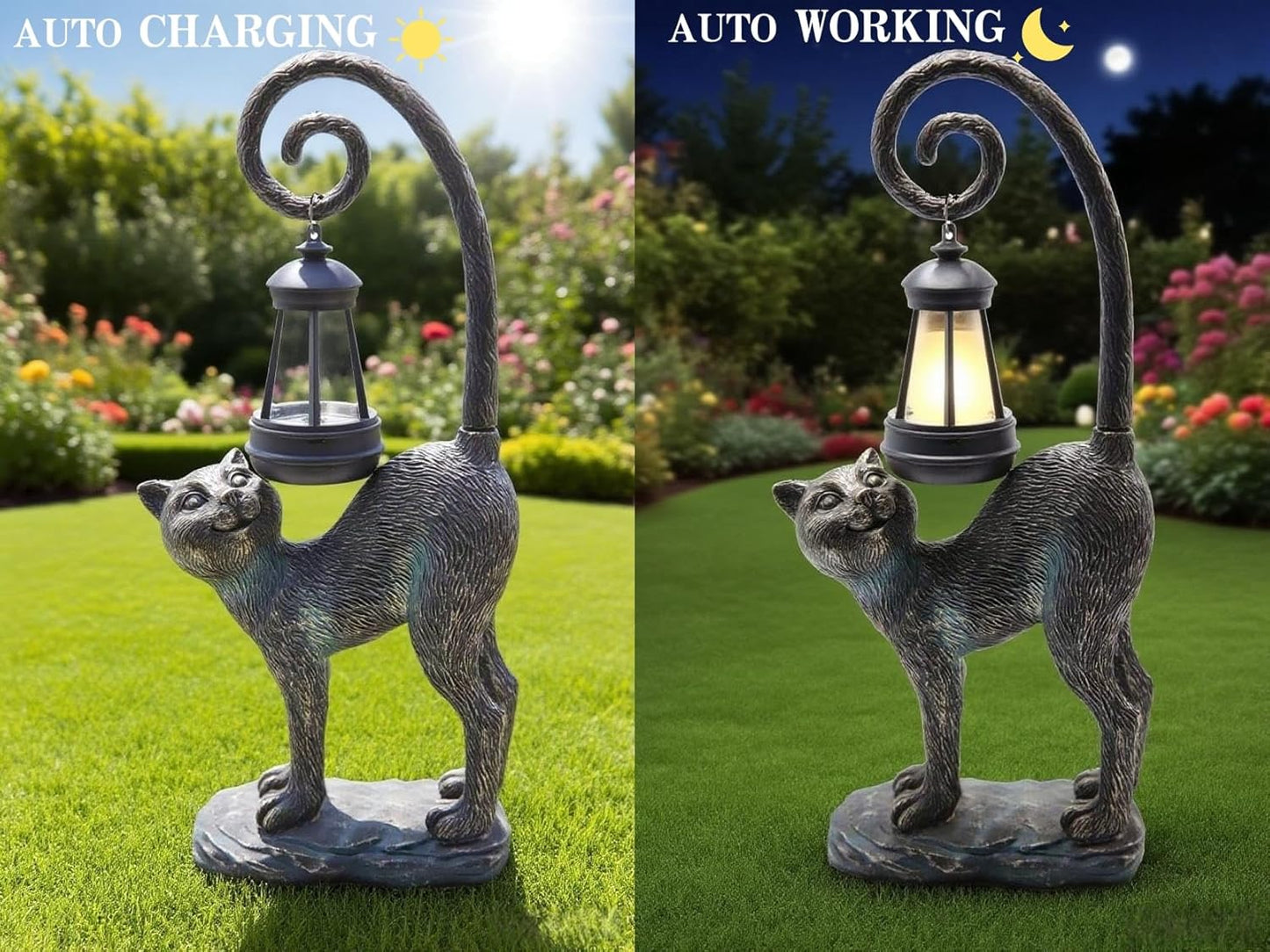 Solar Cat Outdoor Statues Halloween for Garden: Outdoor Decor Cat Figurine for Yard, Lawn, Patio, Porch, Balcony - Animal Art for Home Backyard - Birthday Gifts for Women Grandma Mom Sister