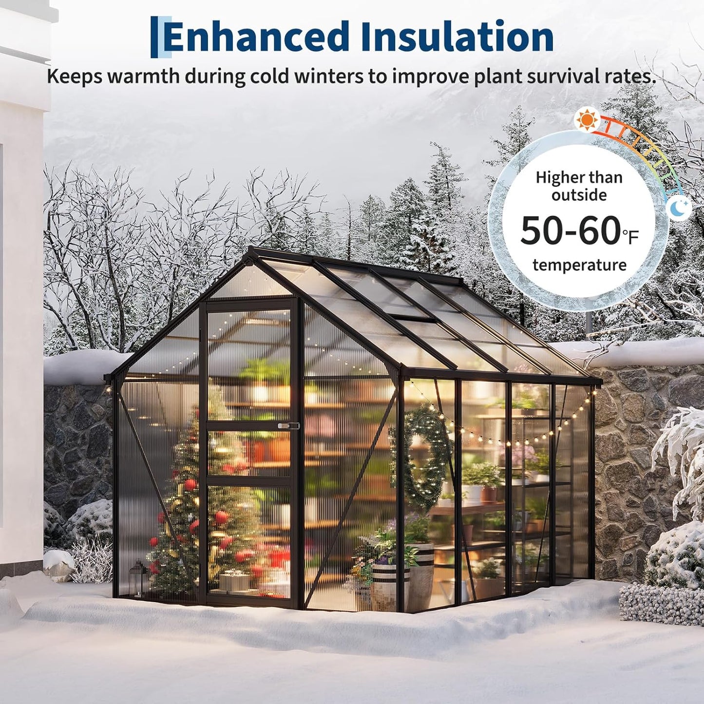 6x8FT Polycarbonate Greenhouse - Walk-in Outdoor Aluminum Frame Greenhouse with Roof Vent, Lockable Push Door for Garden, Backyard, Patio & Lawn(Black)