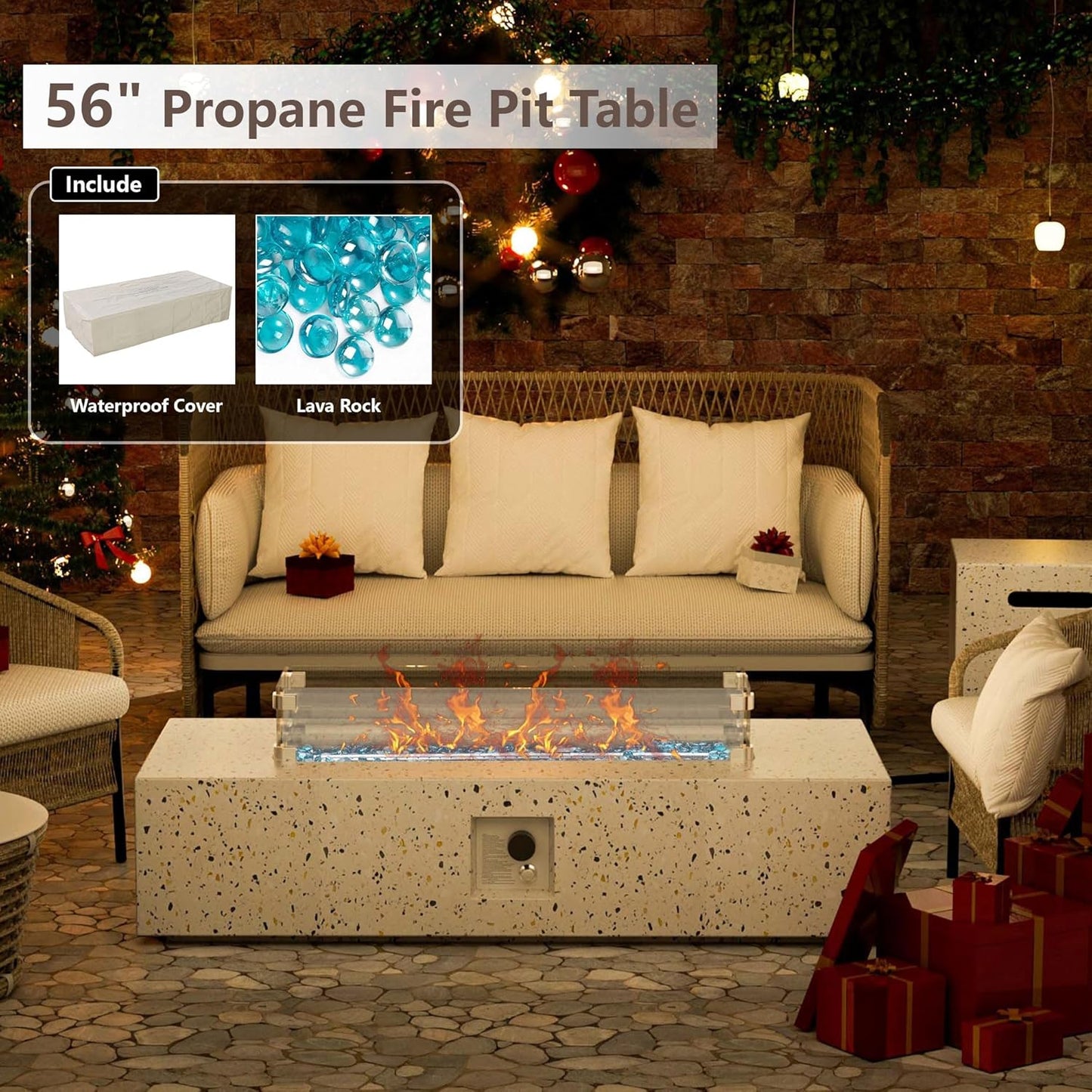 8 Piece Patio Furniture Set - Outdoor Conversation Sets with 56" Fire Table and Coffee Table, Rattan Modular Sofa Set for Garden/Poolside, Blue/Black