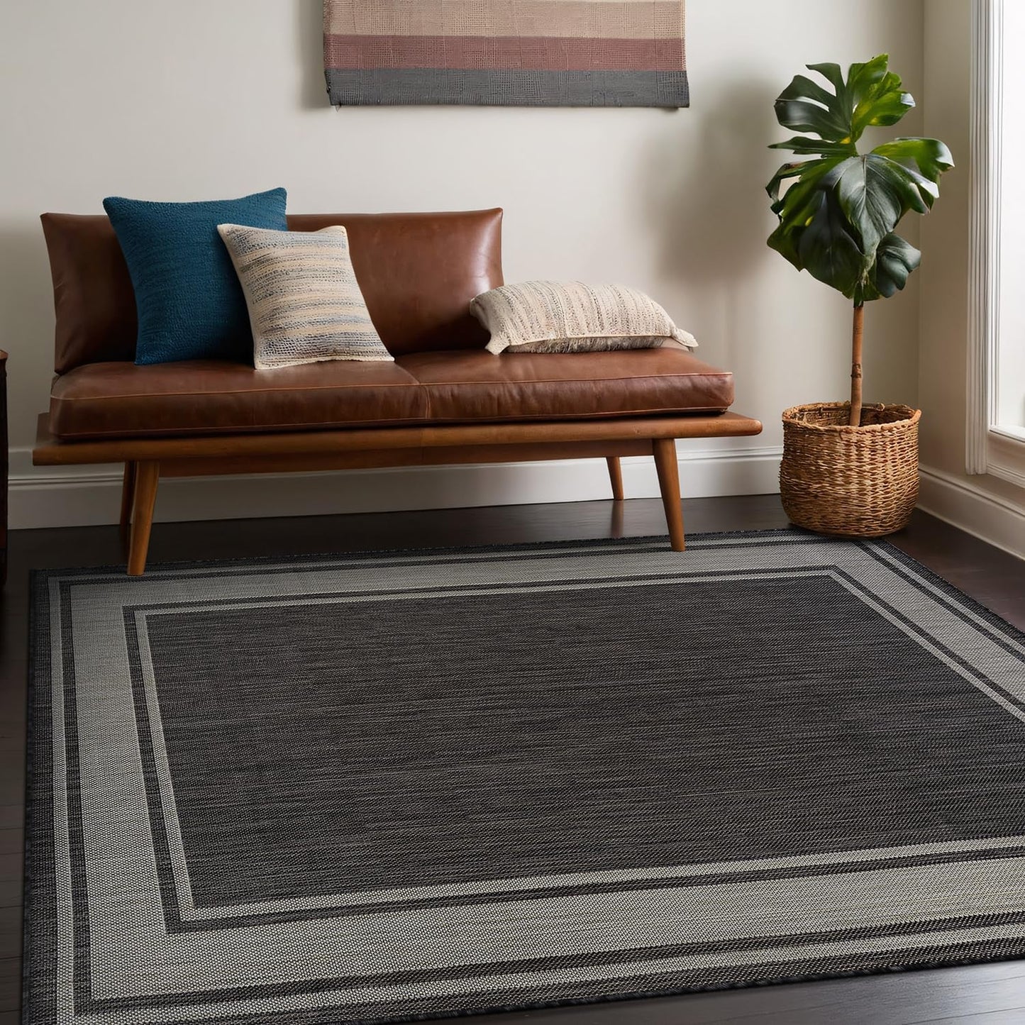 Beverly Rug Outdoor Rug 8x10 Modern Bordered Area Rugs for Indoor and Outdoor Patio Deck Porch Garden Waterproof Weather Sun Resistant Washable Outside Carpet (8 x 10 Dark Gray)