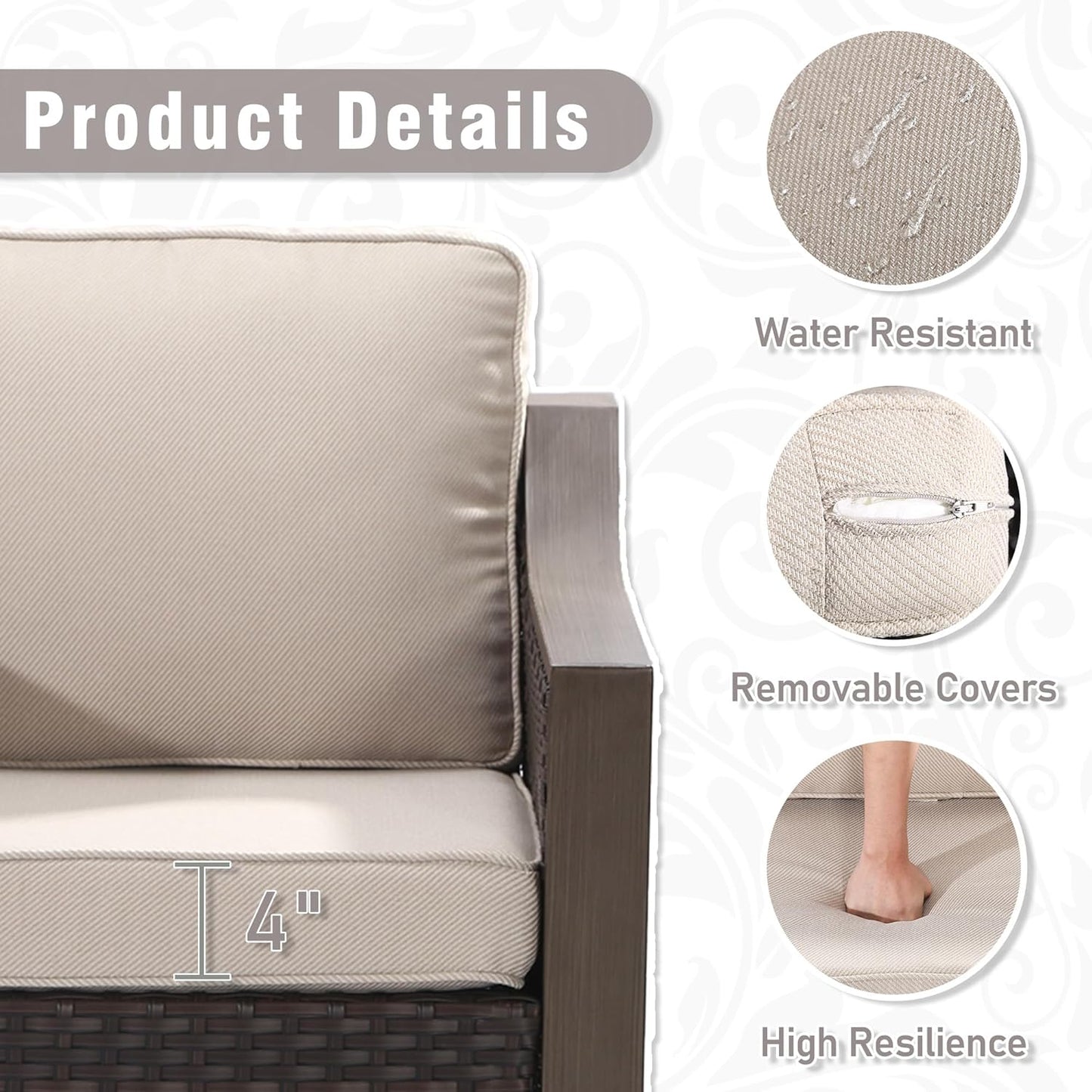 5 Piece Wicker Patio Conversation Set, All-Weather Use Outdoor 2 PE Rattan Chair, 2 Ottoman, 1 Patio Sofa, Removable Water-Resistant Cushion, Ideal for Porch, Backyard, Balcony, Poolside, Beige