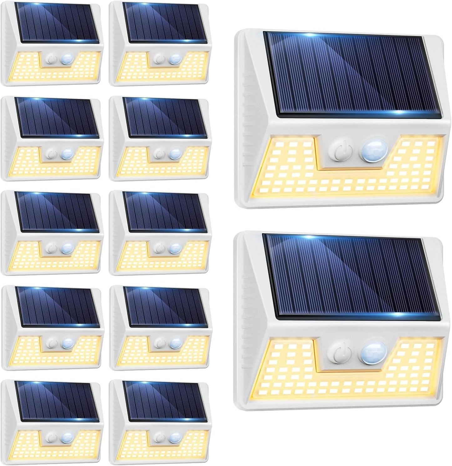 12 Pack Solar Lights Outdoor Motion Sensor, Waterproof Fence Lights with 3 Lighting Mode, Warm White LED Deck Lights for Outside Wall Yard Steps Stairs Garden - White
