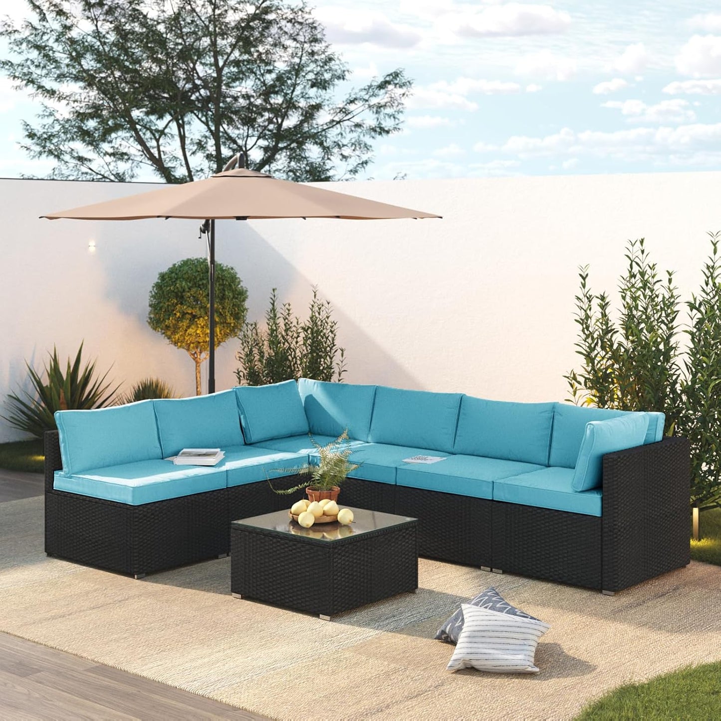 7 Piece Patio Furniture Set, Outdoor Couch Set—All-Weather Outdoor Furniture Sectional w Water Resistant Thick Cushions, Patio Sofa Set w 2 Extra Pillows and Coffee Table, Turquoise/Black