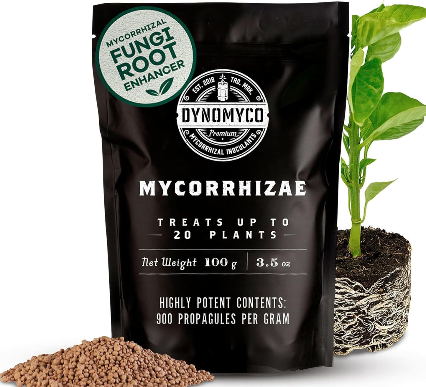 DYNOMYCO Granular Mycorrhizal Fungi Inoculant, 100g/3.5oz – Boosts Root Growth, Yields & Nutrient Uptake – 900 Propagules/g, Concentrated Granules, & OMRI Listed – Biofertilizer for Plant Growth