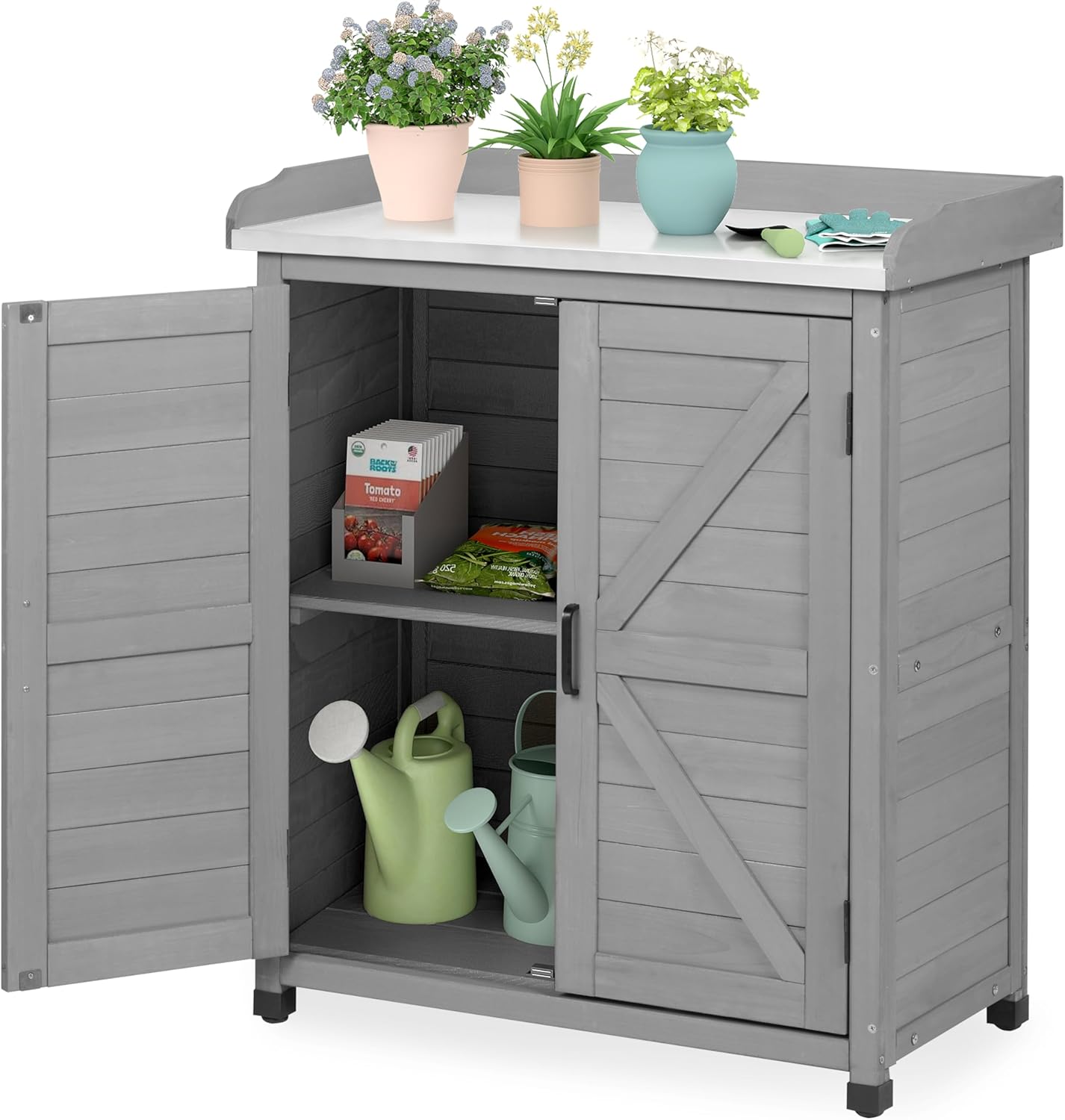 Outdoor Storage Cabinet & Potting Bench Table with Metal Top, Wooden Patio Furniture, Garden Workstation (Classic Grey, 39x31.5x17in)