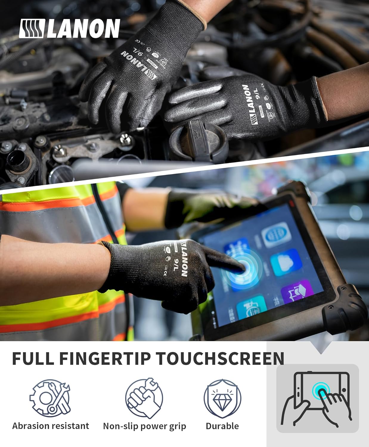 LANON Safety Work Gloves for Men and Women, 18 Pairs Mechanic Black Working Gloves with Grip Odorless PU Coated, Seamless Knit, Full Fingertip Touchscreen for Light Duty Working Gloves, Large