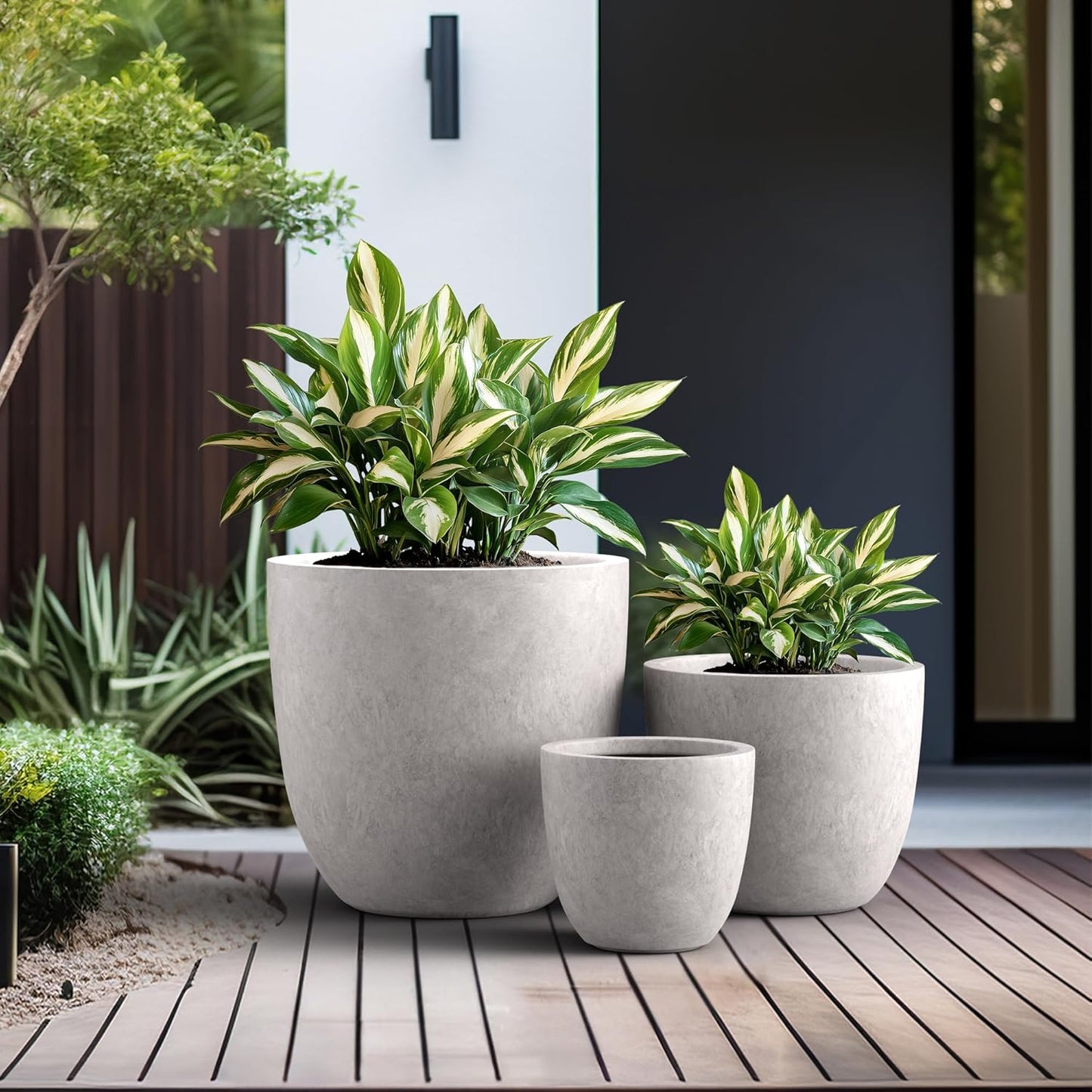 Kante 18",14",10" Dia Concrete Round Planters (Set of 3), Outdoor Indoor Large Planter Pots with Drainage Hole and Rubber Plug for Home Patio Garden, Light Gray