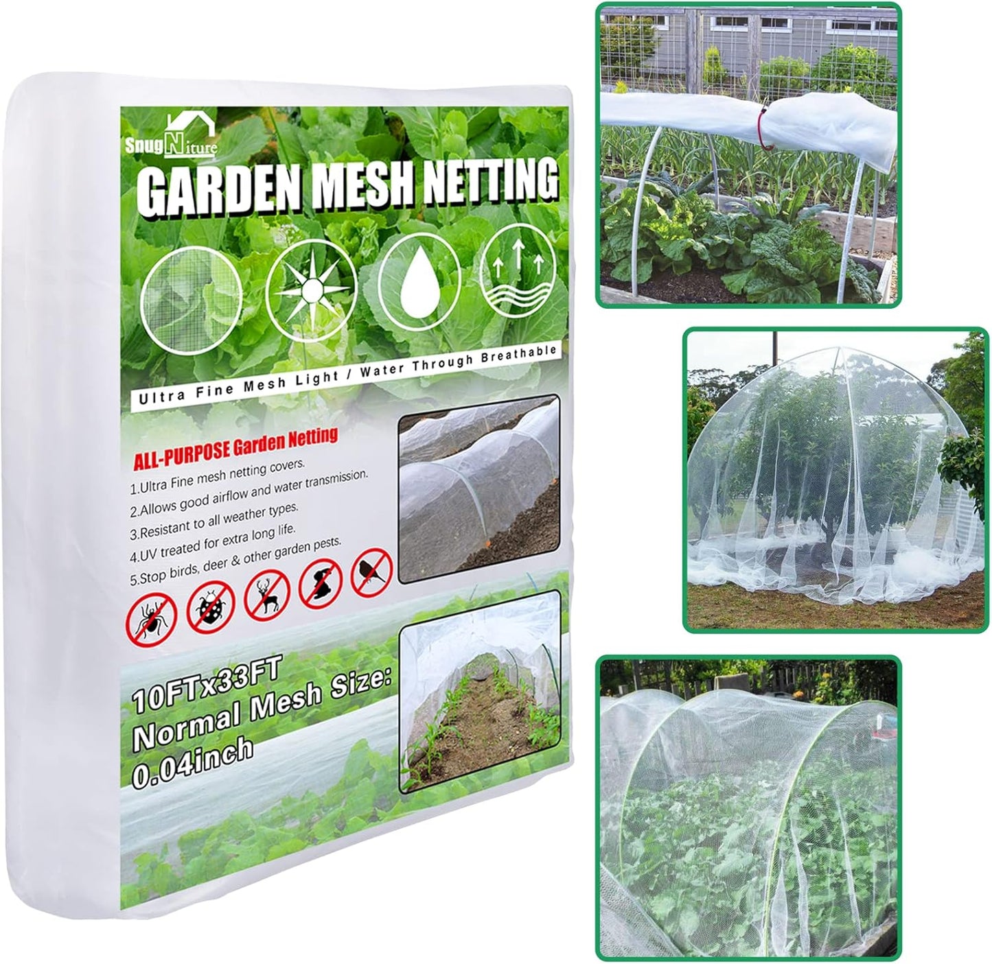 SnugNiture Garden Netting 10x33FT Ultra Fine Mesh Mosquito Netting Plant Covers, White Bird Netting Barrier Greenhouse Row Cover Protect Fruits Flower Vegetables from Birds Deer & Squirrels