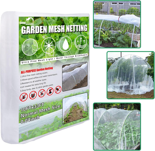 SnugNiture Garden Netting 10x33FT Ultra Fine Mesh Mosquito Netting Plant Covers, White Bird Netting Barrier Greenhouse Row Cover Protect Fruits Flower Vegetables from Birds Deer & Squirrels