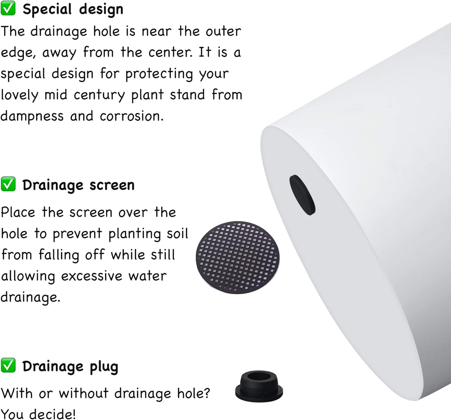 FaithLand Plant Pot 12 inch - Perfectly Fits Mid-Century Modern Plant Stand - Drainage Plug and Drainage Mesh Screen - Matte White