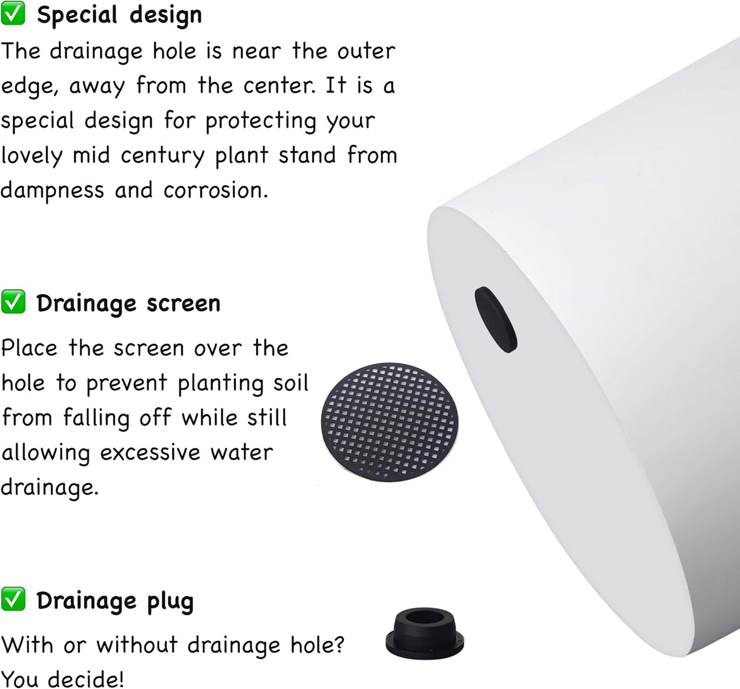 FaithLand Plant Pot 14 inch - Perfectly Fits Mid-Century Modern Plant Stand - Drainage Plug and Drainage Mesh Screen - Matte White