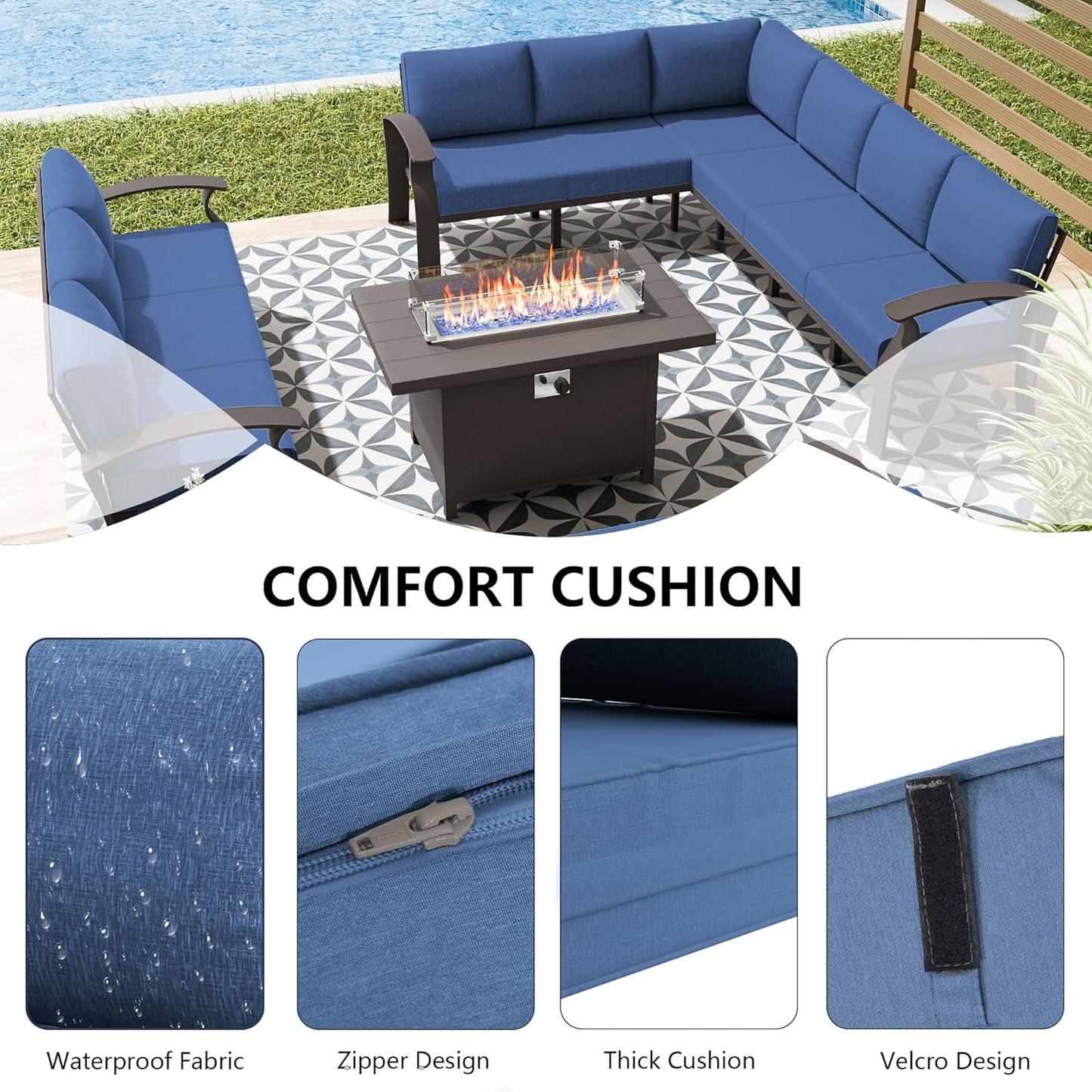 Aluminum Patio Furniture Set with Fire Pit Table, 8 Seats Outdoor Patio Conversation Set Modern Metal Patio Sectional Sofa w/5.1" Upgrade Cushions for Porch, Patio, Backyard(Navy Blue).
