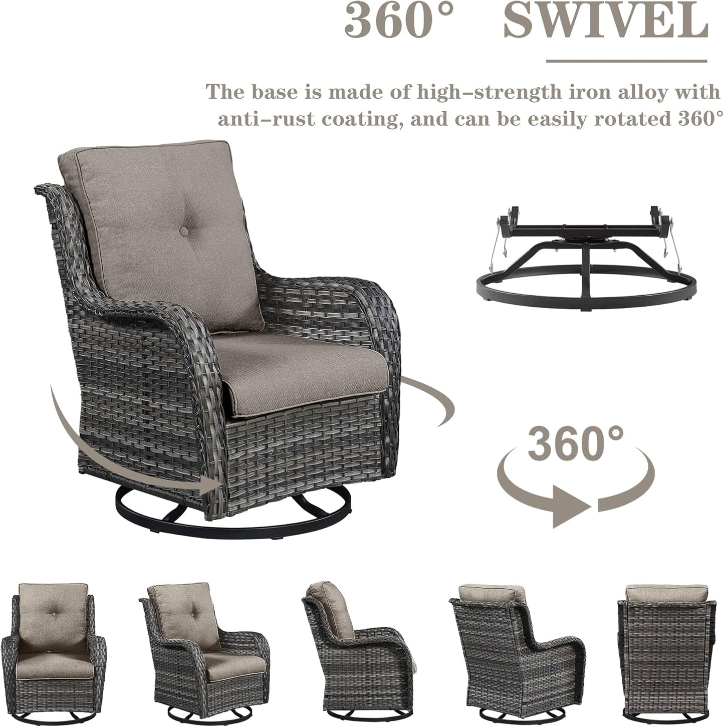 Outdoor Patio Furniture Set with Propane Fire Pit Table, 7 Pieces Wicker Patio Conversation Set with 2 Swivel Glider Rocker Chair Rattan Sofa Grey Cushion Perfect for Casual Gathering