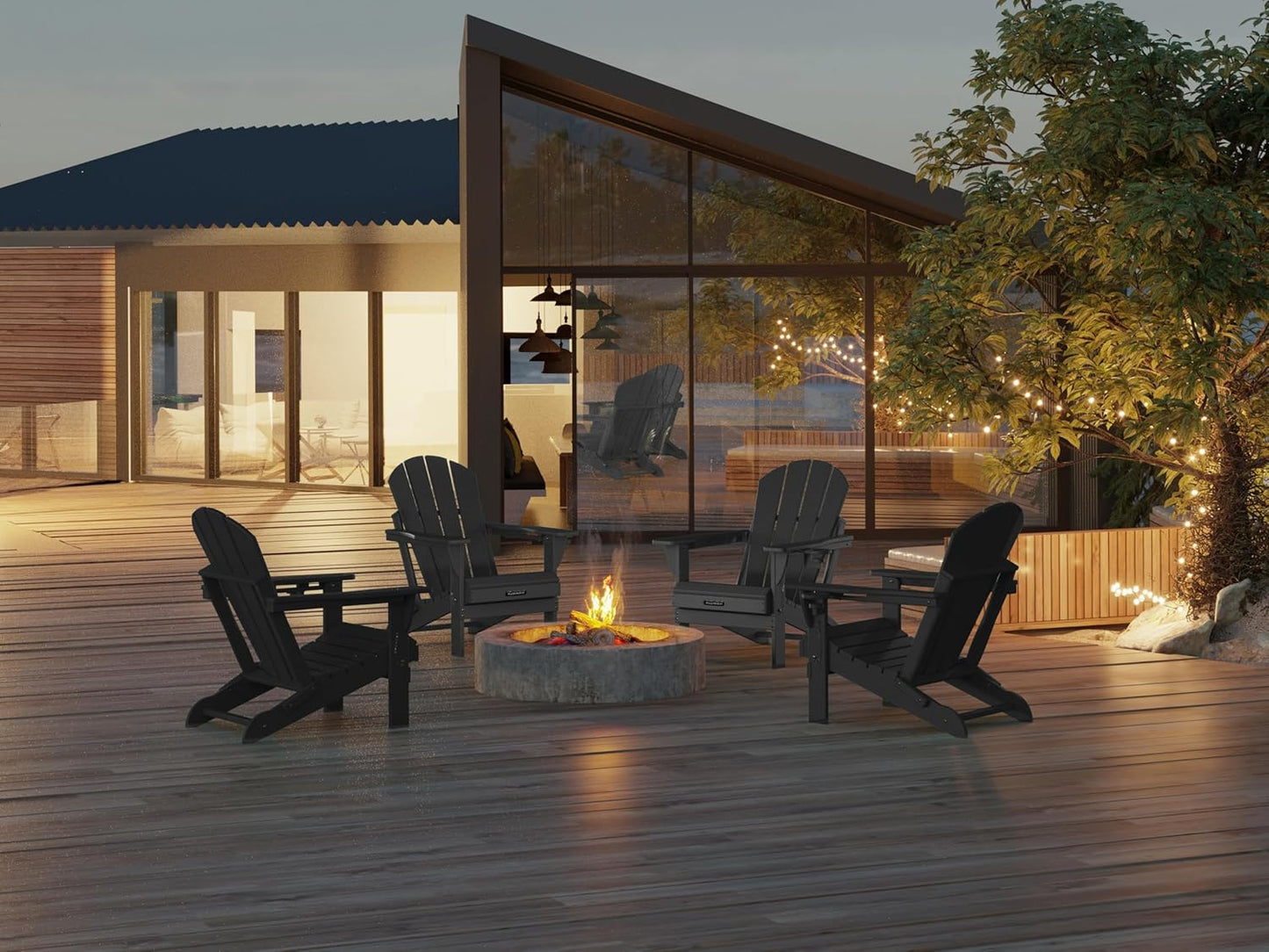 MUCHENGHY Folding Adirondack Chairs and Table Set, Outdoor Chair, Adirondack Chair Plastic, Fire Pit Chair, Weather Resistant with Cup Holder for Deck, Backyard, Garden(Black, 3-Piece)