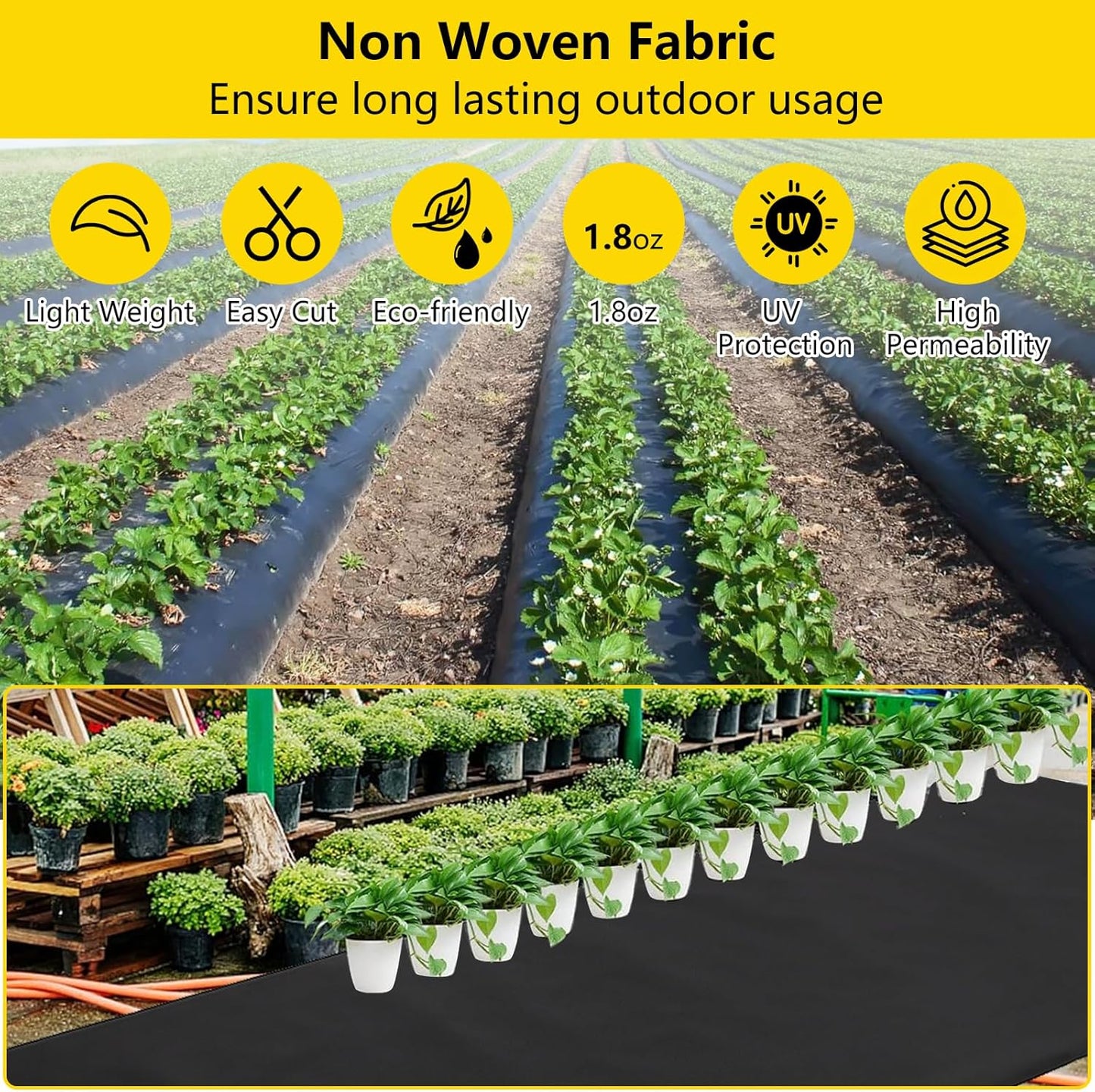 6ft x 300ft Weed Barrier Landscape Fabric, Premium Non-Woven 1.8oz Ground Cover Weed Block Gardening Mat, Easy Setup & Superior Weed Control, for Erosion Control, Weed Block, Ground Cover