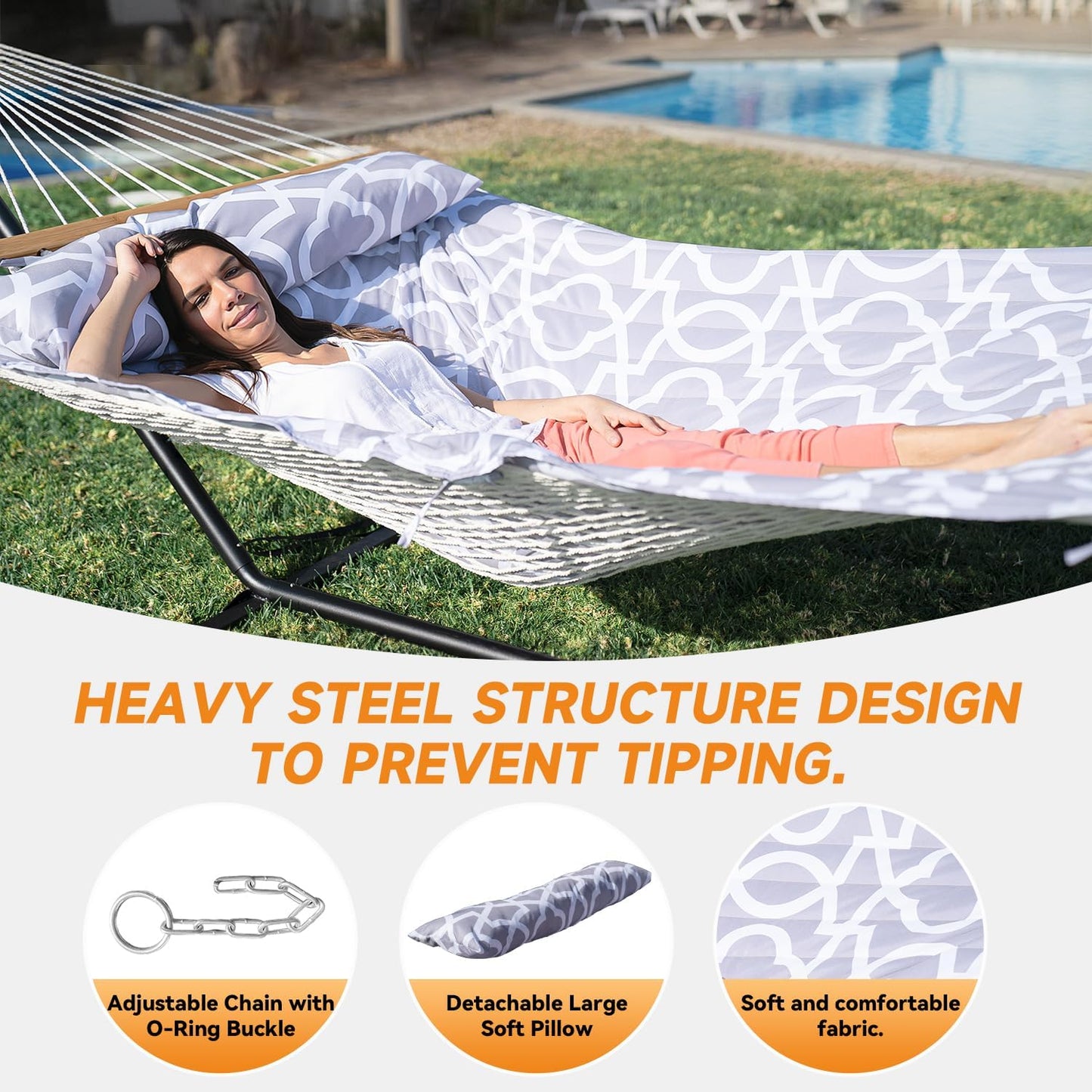 2 Person Outdoor Hammock with Stand, Cotton Rope Hammock with Polyester Pad, Adjustable Steel Frame, Portable with Carrying Bag – for Patio, Backyard, Garden, Beach, Cloud-Gray