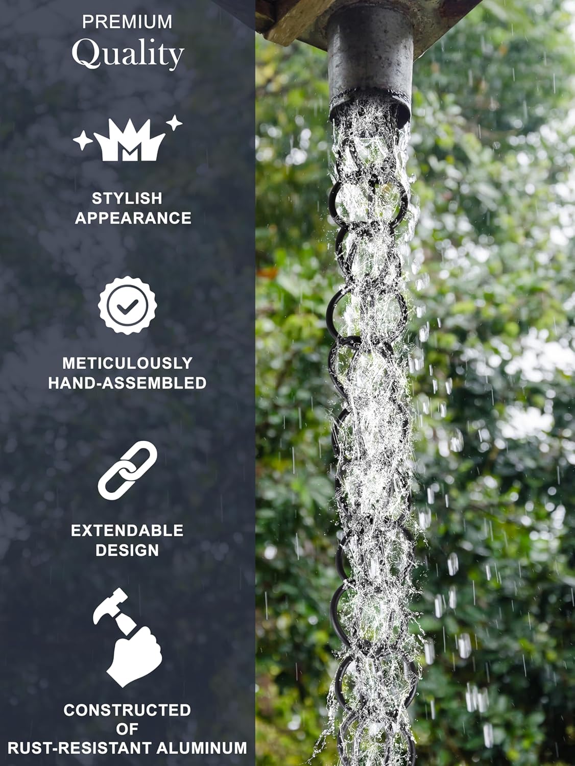 Monarch Rain Chains Aluminum Ring Rain Chain, 8.5 ft Black Powder Coated Aluminum Decorative Rain Catcher Chain for Gutters, Black Aluminum Rain Gutter Replacement Downspout