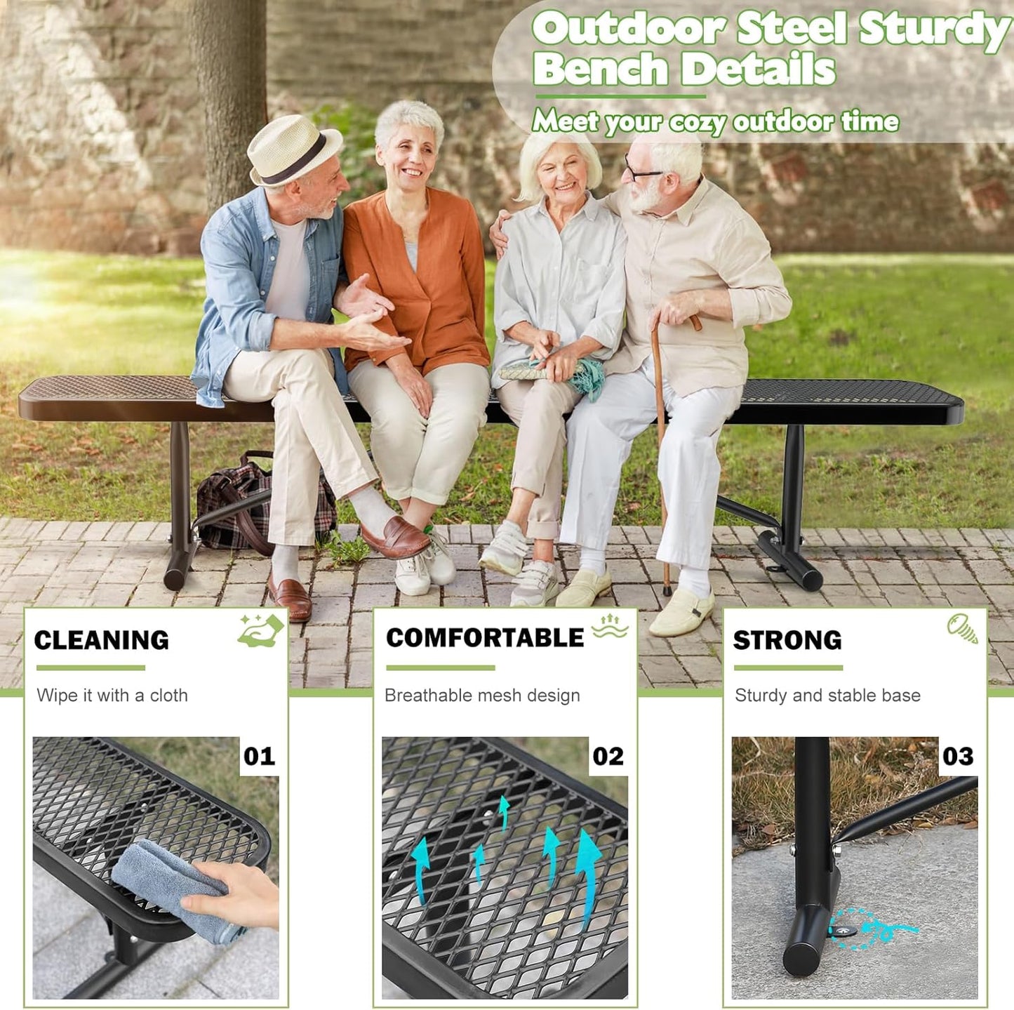 Thermoplastic Coated Iron Park Bench for Outside, Heavy Duty Metal Garden Bench, Expanded Commercial Grade Seating for Shopping Malls, Lawn Yard Porch Entryway (Black without Backrest, 96IN)