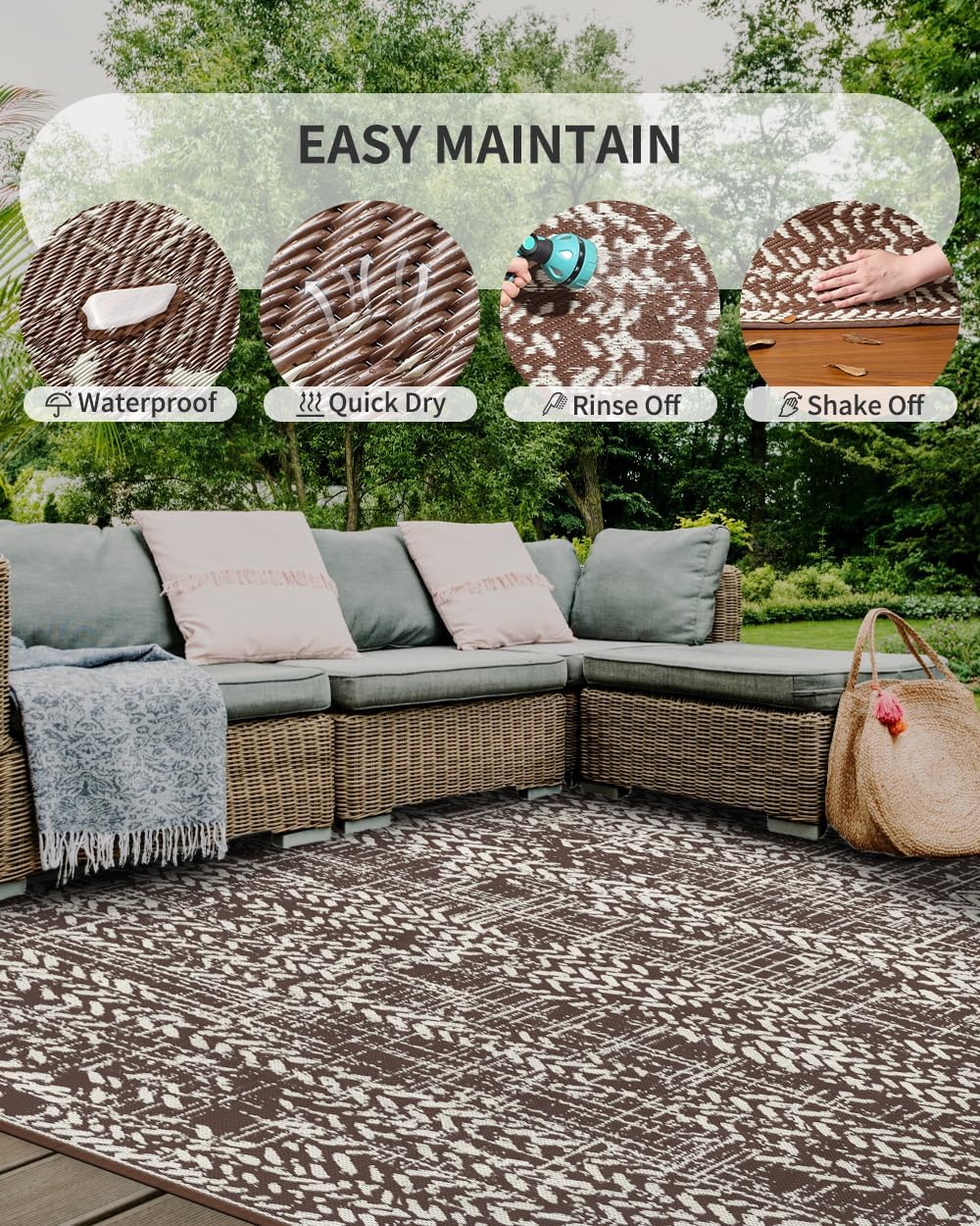 MontVoo Outdoor Rug 8x10 Waterproof-Patio Rug Mat Outdoor Carpet Reversible RV Camping Picnic Plastic Straw Rug Outside Outdoor Area Rug for Balcony Deck Backyard Patio Decor Boho Modern Brown