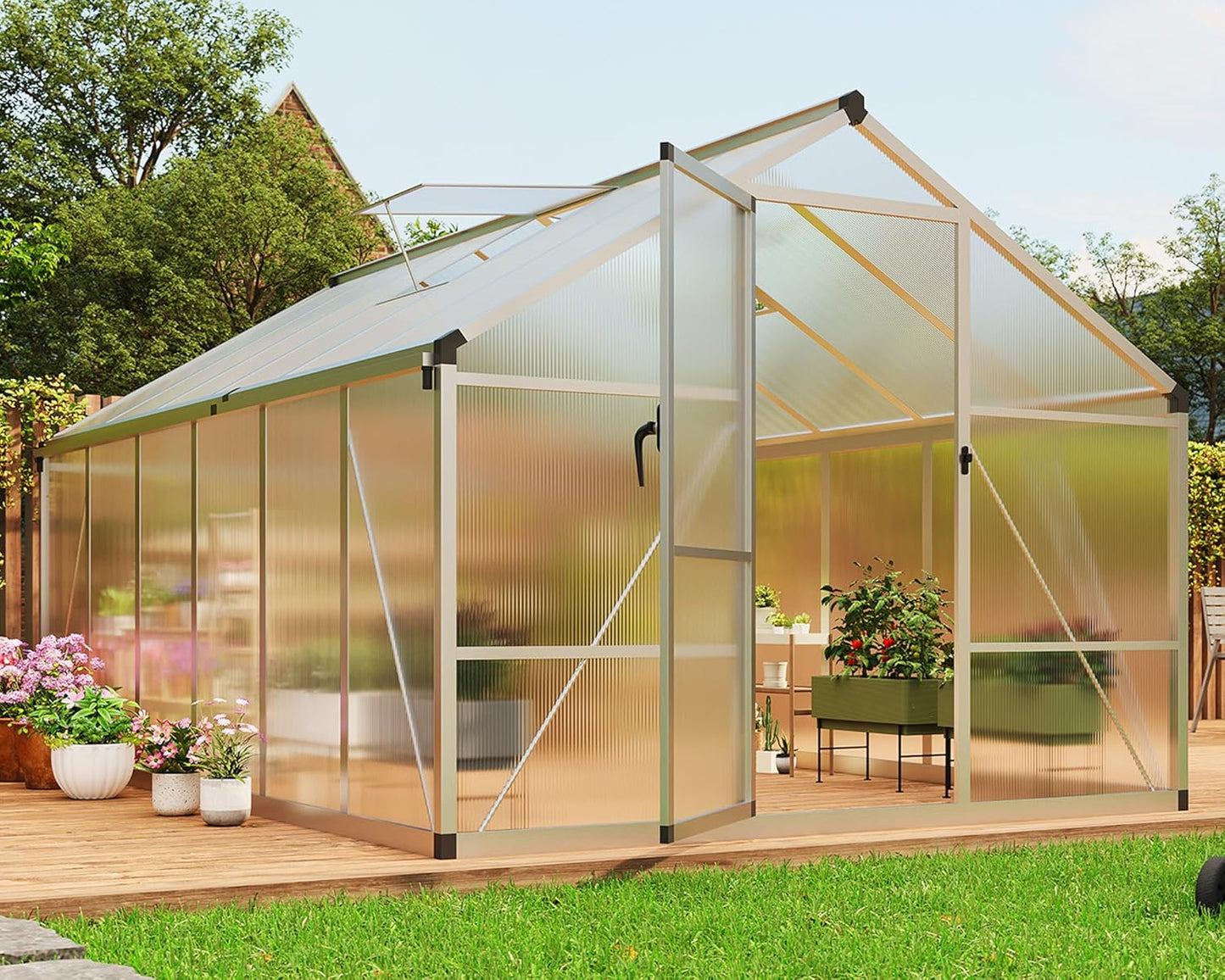 8×12 FT Greenhouse, Large Walk in Greenhouses for Outdoors and Garden Planting, Polycarbonate Greenhouse with Enhanced Aluminum Frame, Green Houses with Quick Setup Structure and Roof Vent, Silver