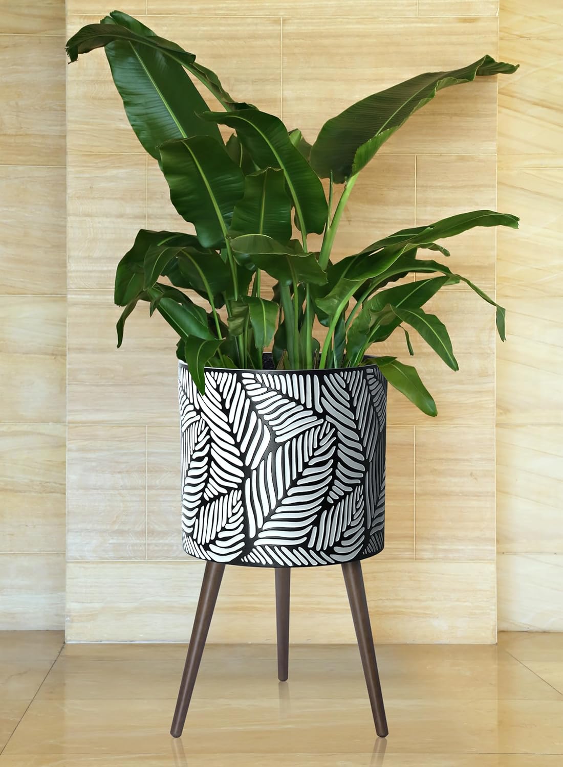 D'vine Dev 16 Inch Planter Pot with Stand, Mid-Century Tall Plant Pot with Legs for Indoor Plants, XX-Large, White/Grey, 88-L-E-7