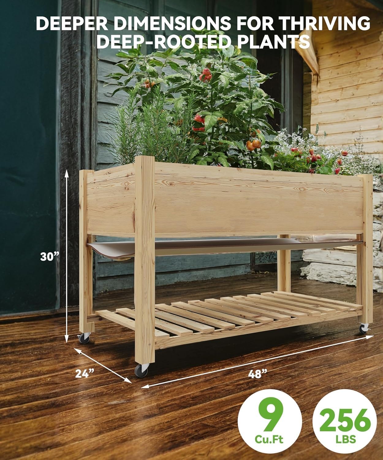 Raised Garden Bed with Legs and Wheels, Wooden Raised Planter Box with Storage Shelf, Protective Liner, Mobile Elevated Wood Planter for Backyard, Patio, Balcony Natural, 48"×24"×30"