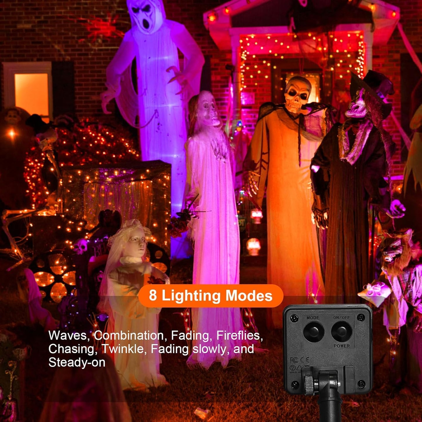 Solar Powered String Lights Outdoor, 2 Pack Total 200 LED 66FT Solar Powered Halloween Decorative Fairy Lights 8 Modes Black Wire for Halloween, Garden, Patio, Party, Yard, Christmas(Orange)