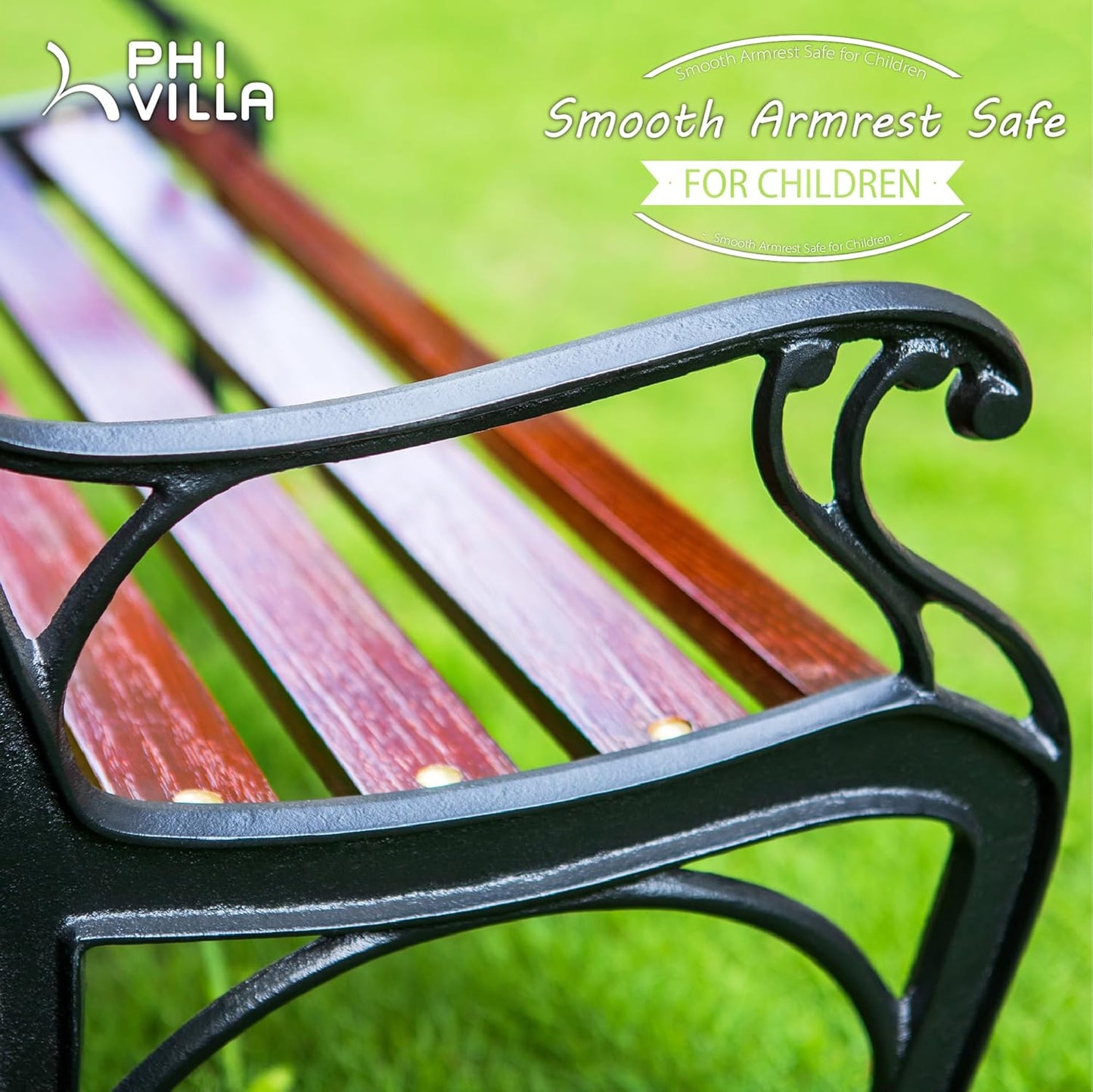 PHI VILLA Outdoor Garden Bench for Children, 33”L Small Metal Bench with Wood Clearance Seating & Floral Pattern Back for Patio, Lawn, Balcony, Backyard, Porch and Indoor - Black