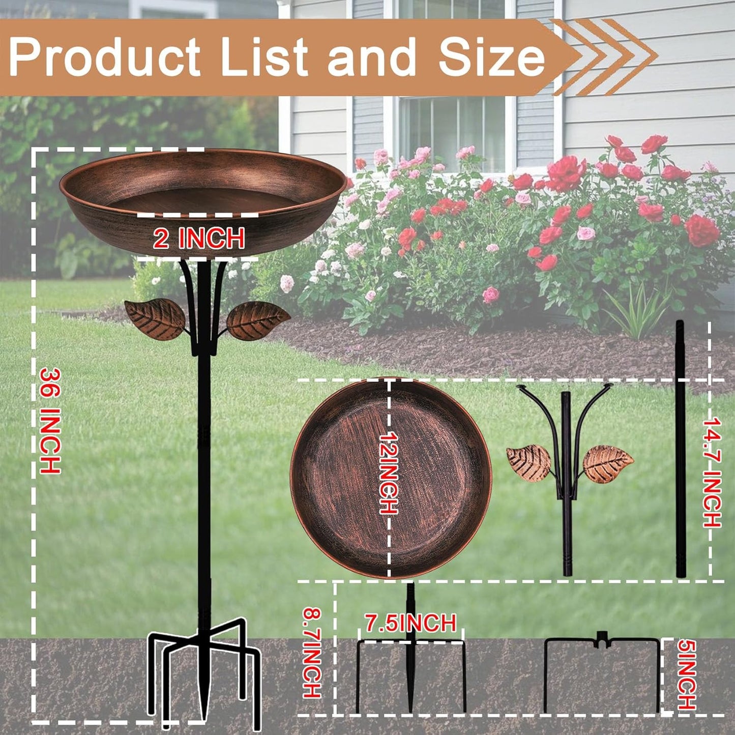 Metal Bird Bath for Outdoors, 12" Dia Bowl with Stable Upgrades Stake Birdbaths Garden Yard Lawn Decor 0.7 Gallon