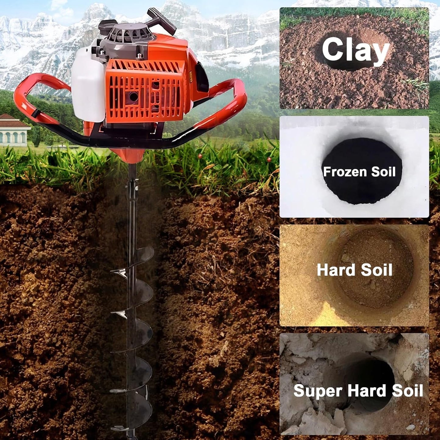 62cc 2.8HP Post Hole Digger Gas Powered, Gas Earth Auger/Ice Auger, with 2 Drill Bits 3"/6"/8" + 3 Extension Bar, One Man Earth Auger for Planting Fence, EPA Compliant Post Hole Auger