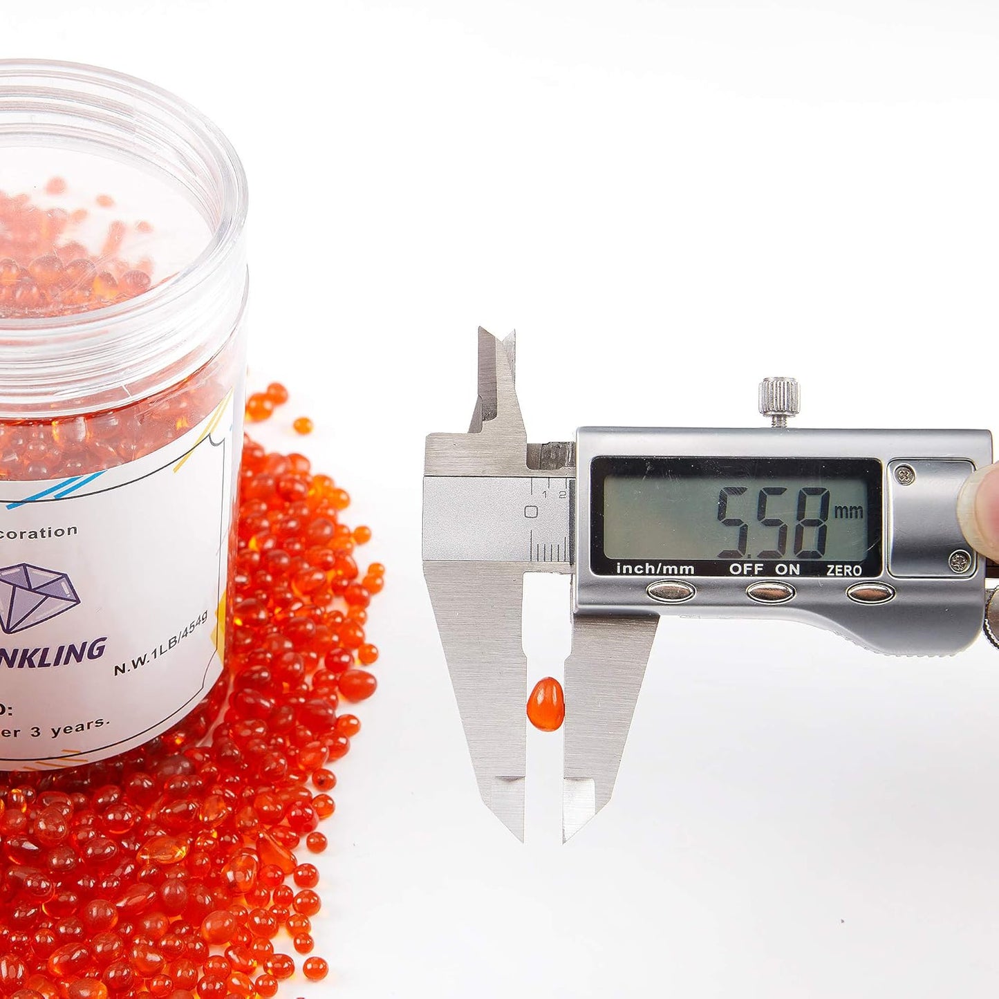 TWINKLING High Luster Round Fire Glass Stones,Glass Marbles Pebbles,Glass Beads Gems for Fire Pit Vase Fillers Crafts Aquarium Garden Decoration,3-6mm,1-Pound Jar (Orange Red)